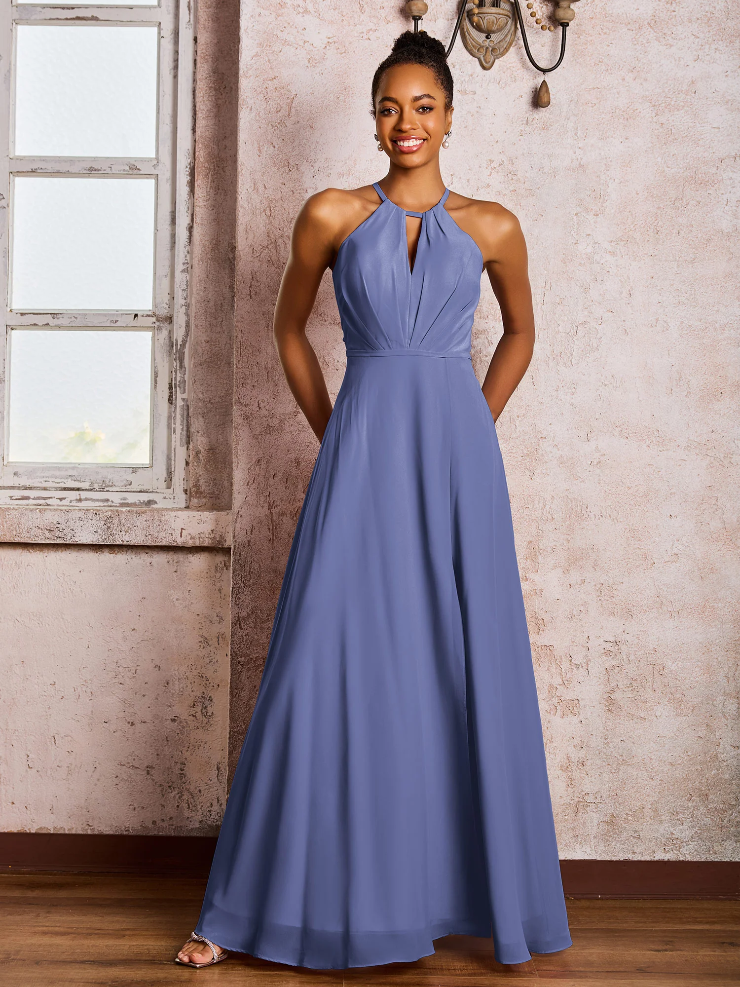 Open Back Halter Bow Chiffon Long Dresses with Slit Periwinkle - Image 3