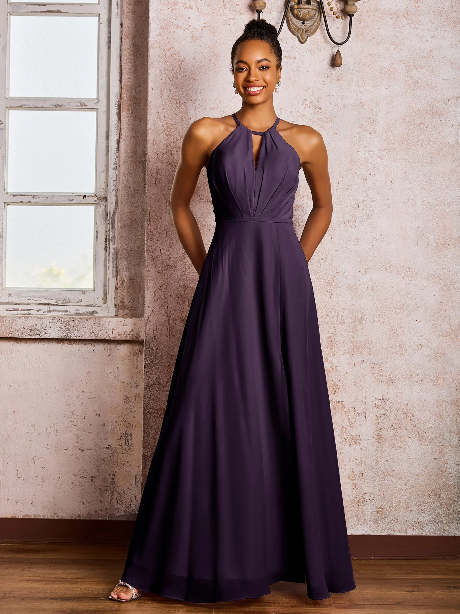 Open Back Halter Bow Chiffon Long Dresses with Slit Plum - Image 3