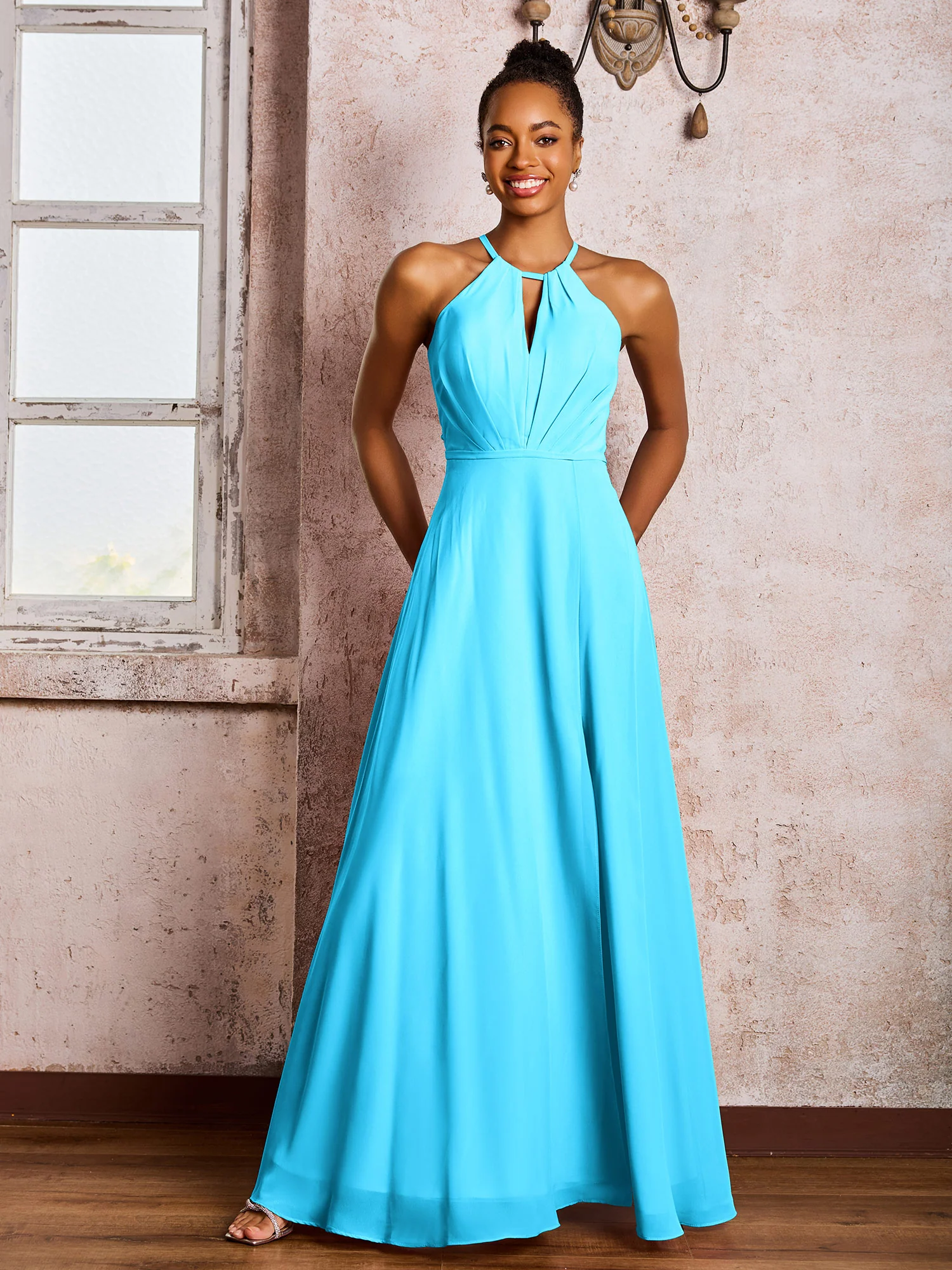 Open Back Halter Bow Chiffon Long Dresses with Slit Pool - Image 3