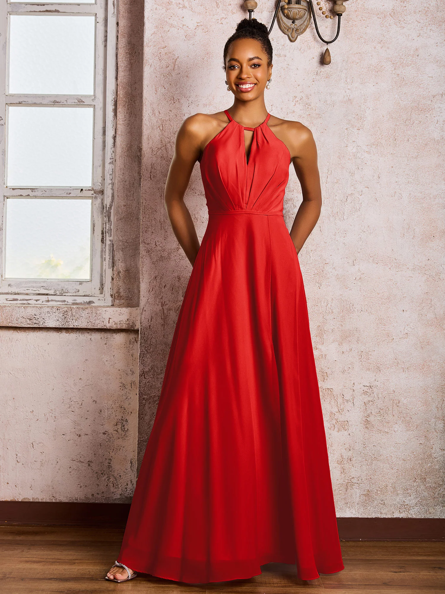 Open Back Halter Bow Chiffon Long Dresses with Slit Red - Image 3
