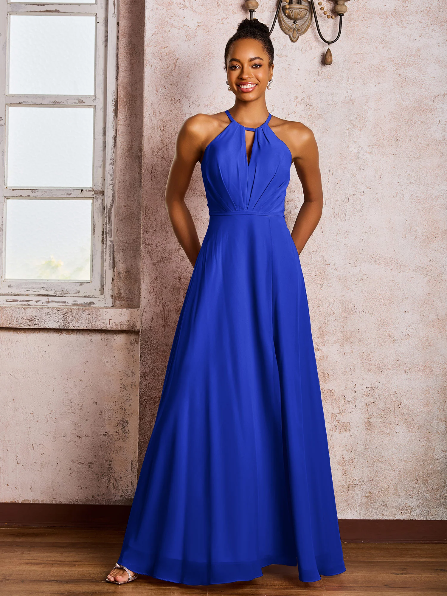 Open Back Halter Bow Chiffon Long Dresses with Slit Royal Blue - Image 3