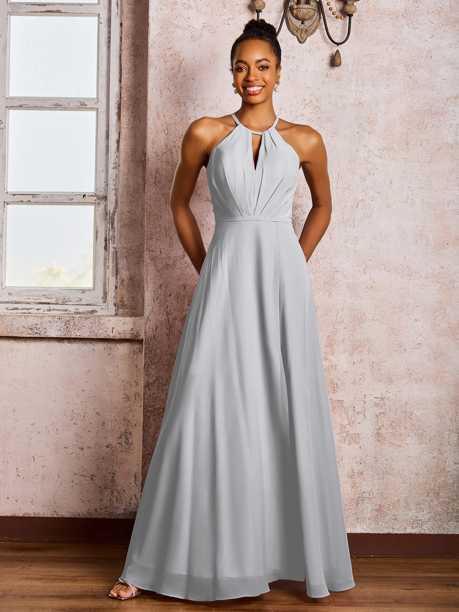 Open Back Halter Bow Chiffon Long Dresses with Slit Silver - Image 3