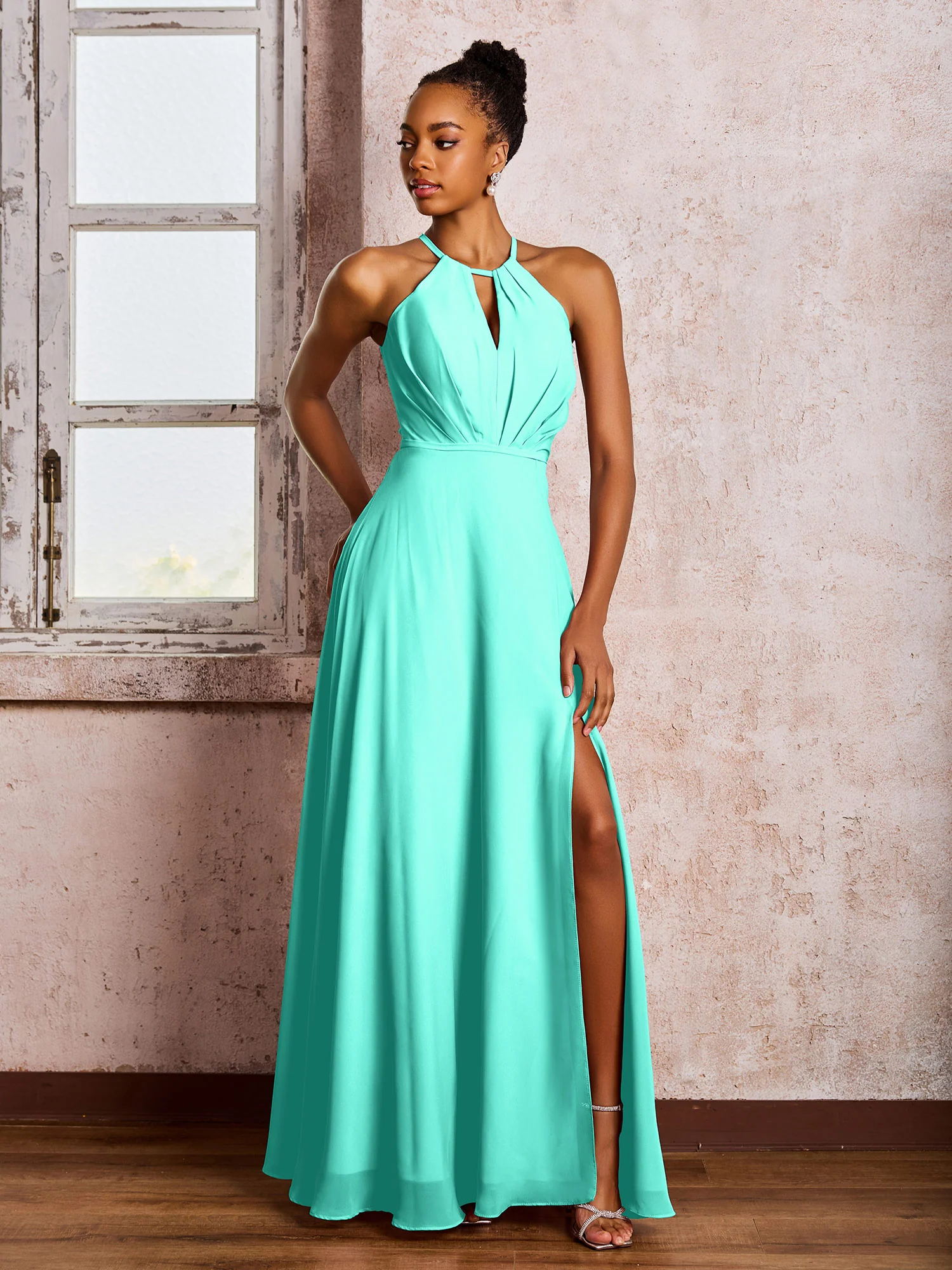 Open Back Halter Bow Chiffon Long Dresses with Slit Spa