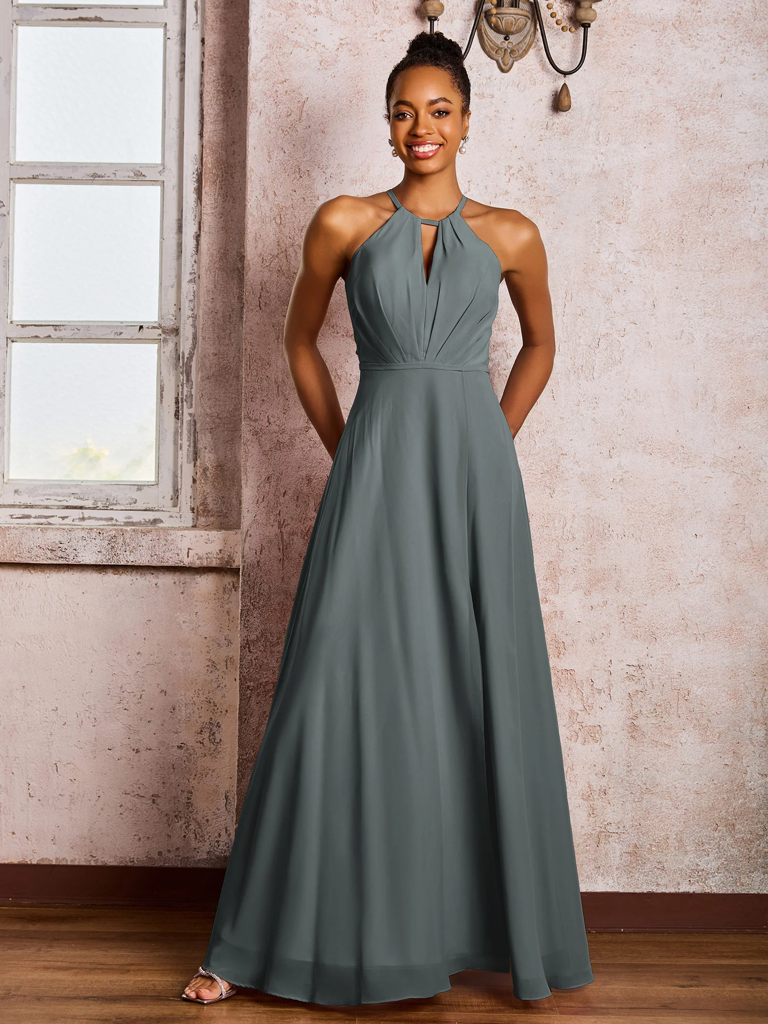 Open Back Halter Bow Chiffon Long Dresses with Slit Steel Grey - Image 3