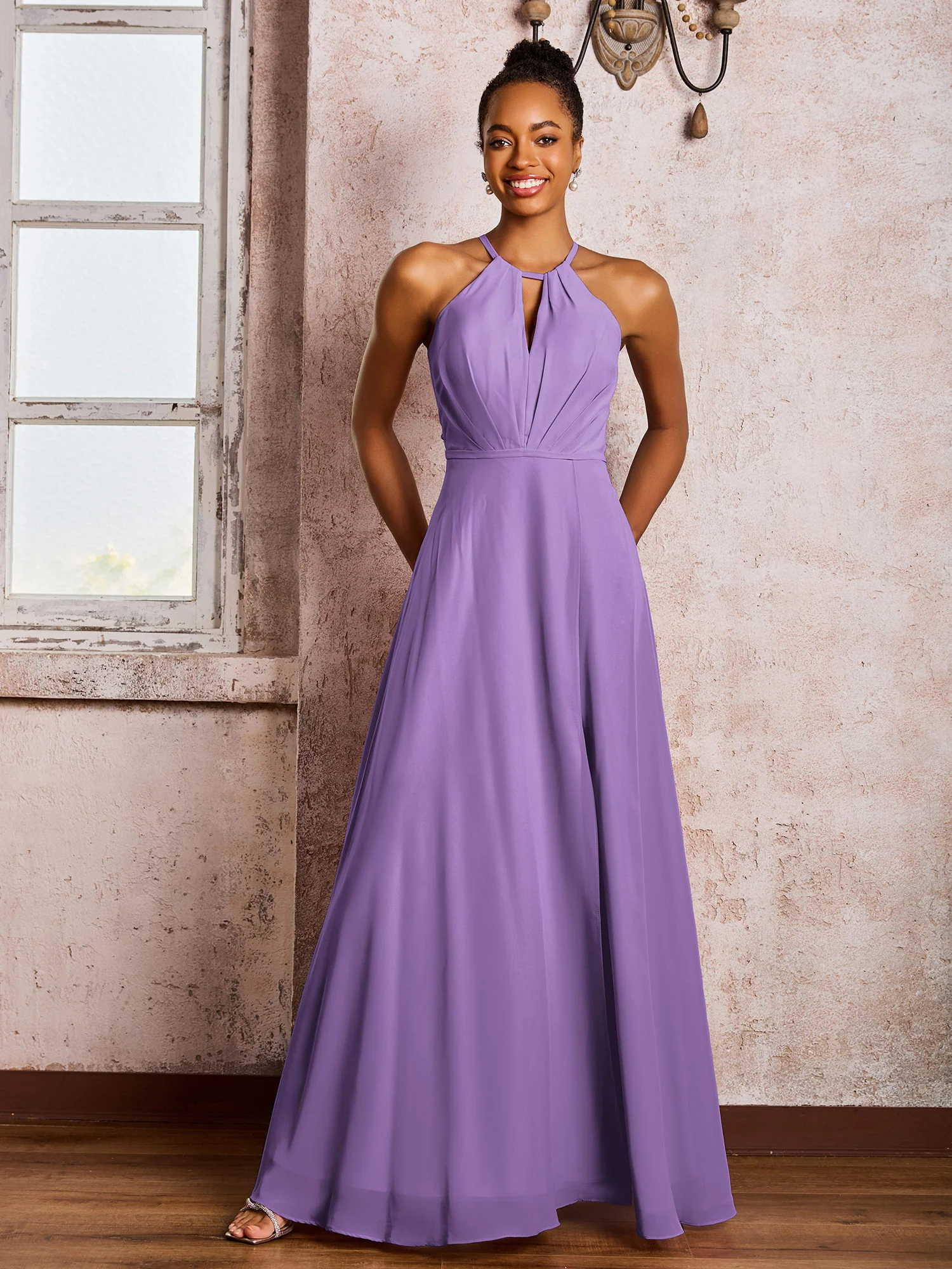 Open Back Halter Bow Chiffon Long Dresses with Slit Tahiti - Image 3