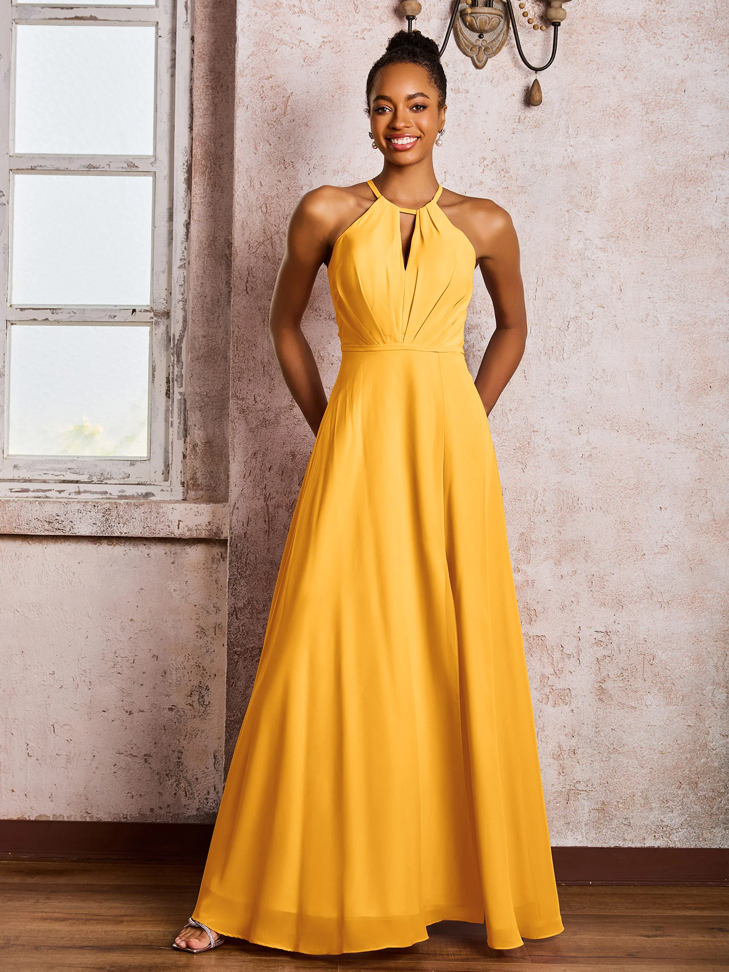 Open Back Halter Bow Chiffon Long Dresses with Slit Tangerine - Image 3