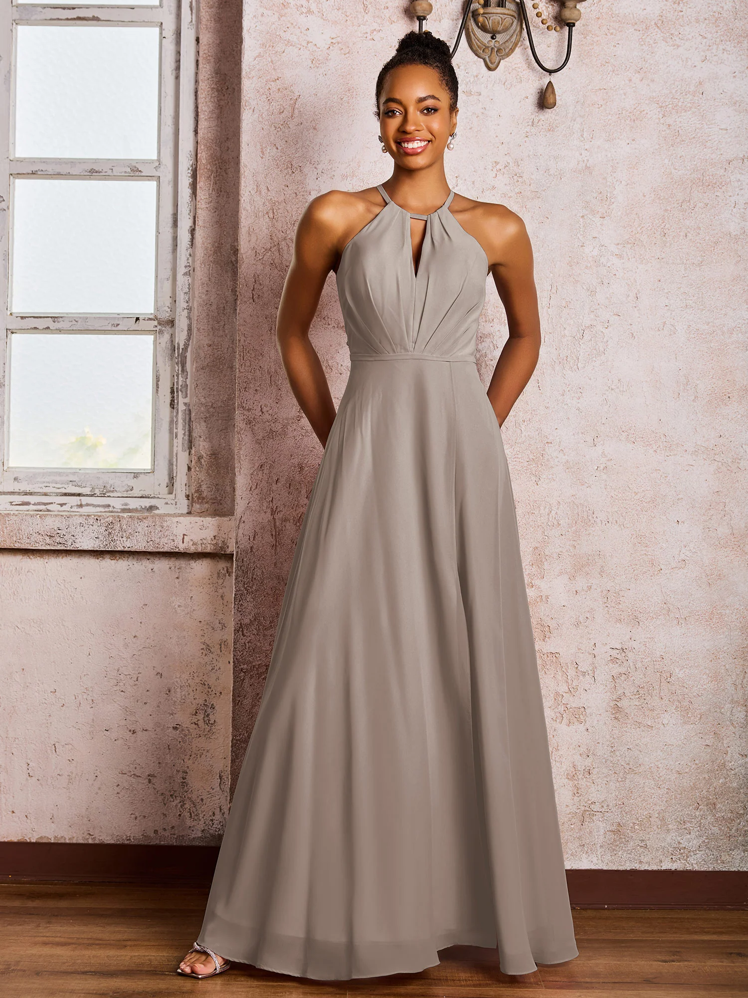 Open Back Halter Bow Chiffon Long Dresses with Slit Taupe - Image 3