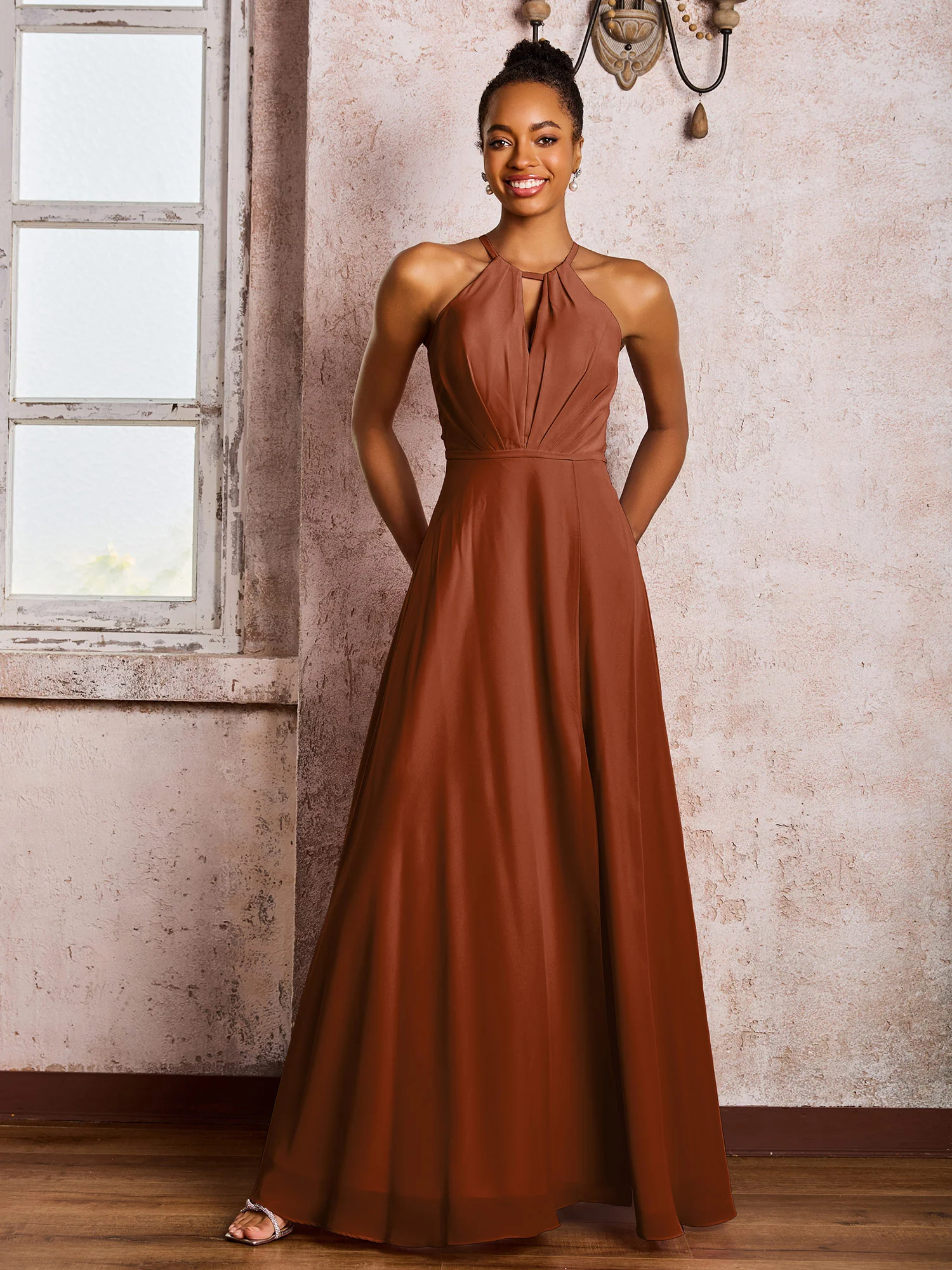 Open Back Halter Bow Chiffon Long Dresses with Slit Terracotta - Image 3