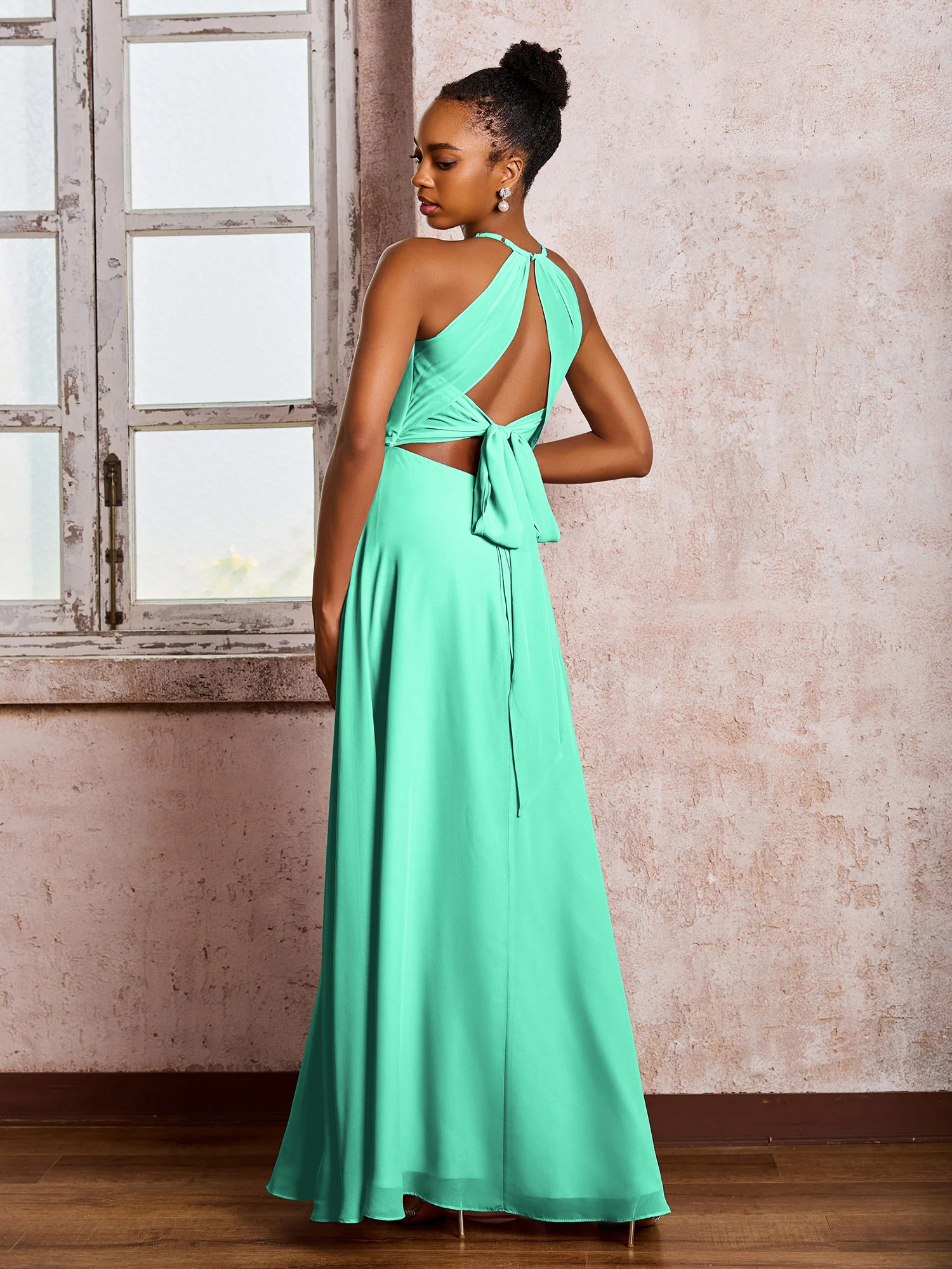Open Back Halter Bow Chiffon Long Dresses with Slit Turquoise - Image 2
