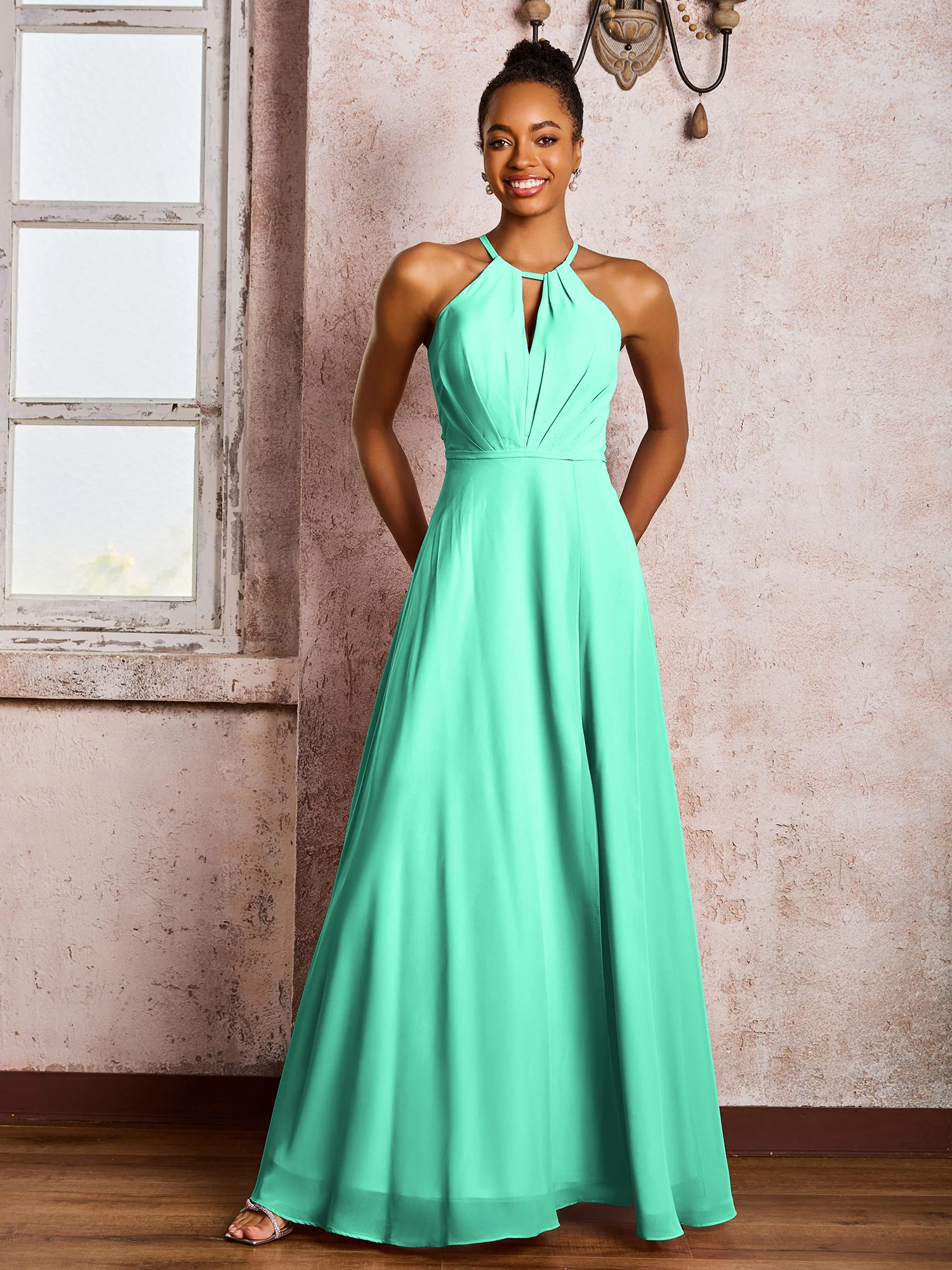 Open Back Halter Bow Chiffon Long Dresses with Slit Turquoise - Image 3