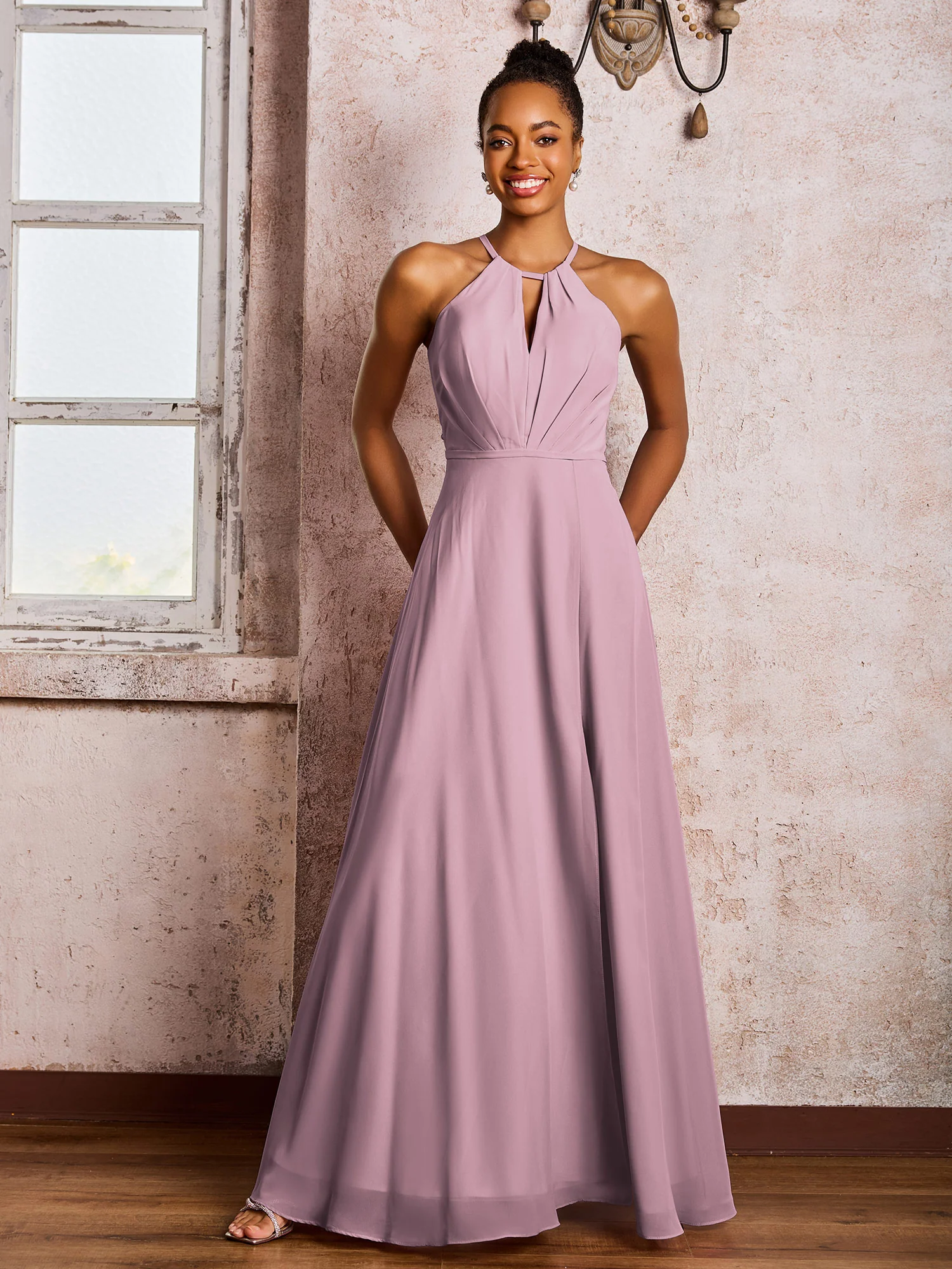 Open Back Halter Bow Chiffon Long Dresses with Slit Vintage Mauve - Image 3