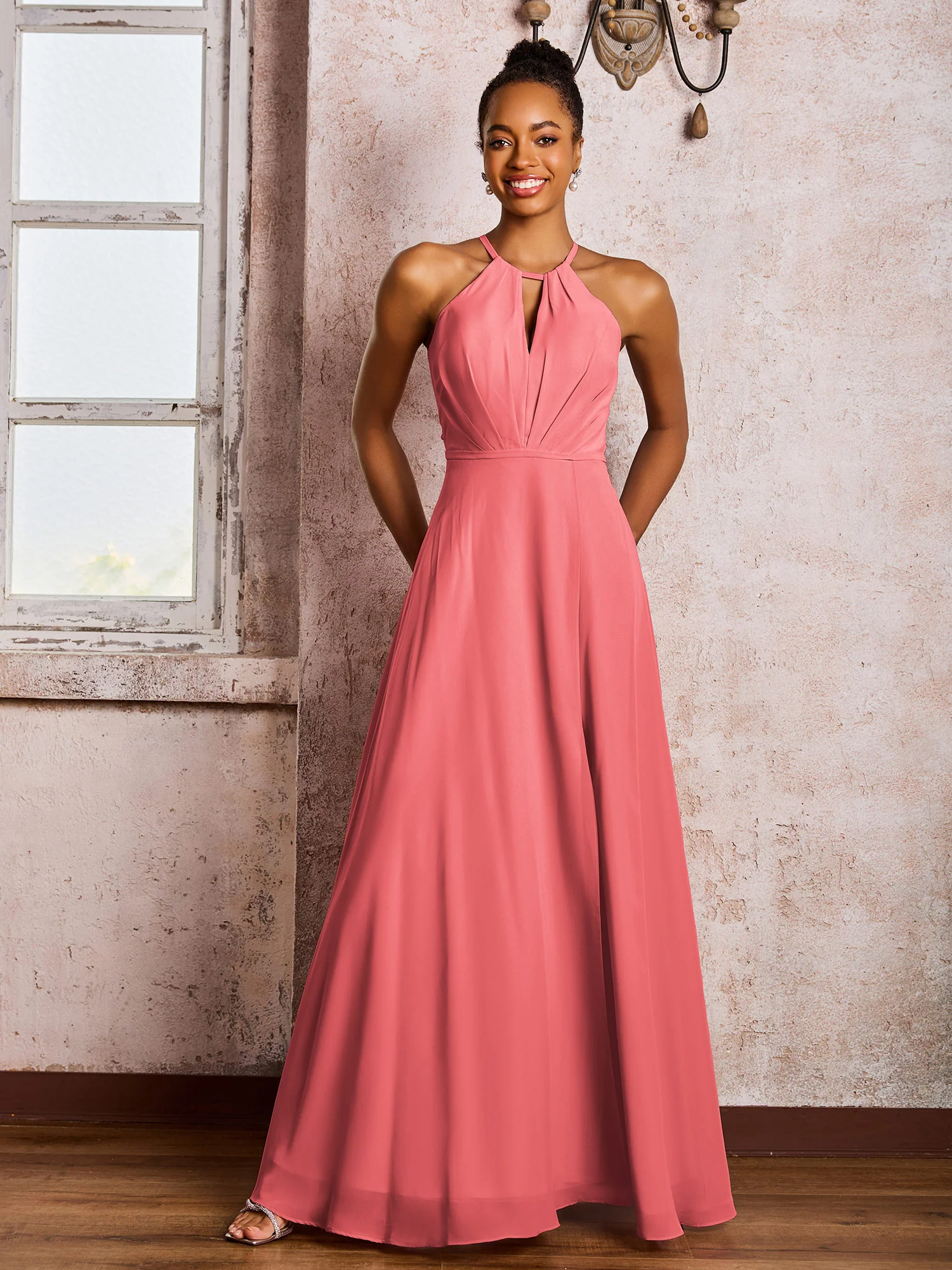 Open Back Halter Bow Chiffon Long Dresses with Slit Watermelon - Image 3