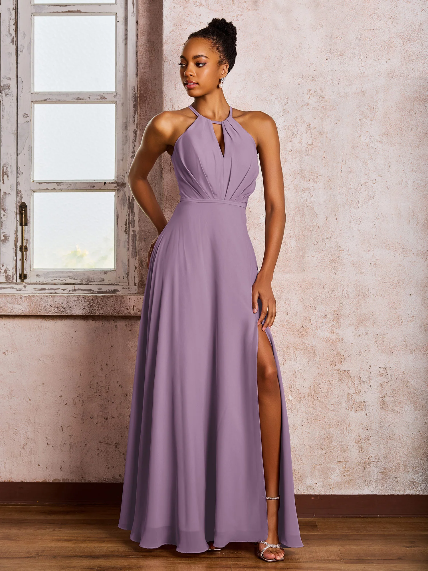 Open Back Halter Bow Chiffon Long Dresses with Slit Wisteria