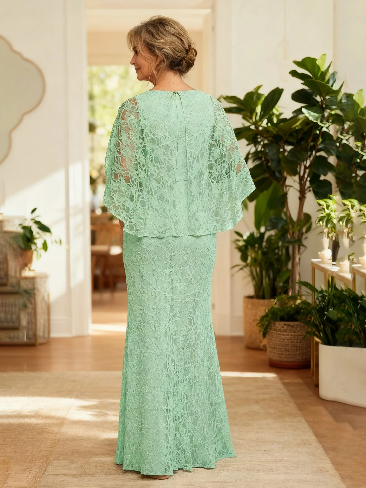 All-Over Lace Capelet Overlay Formal Gown Dark Navy - Image 2