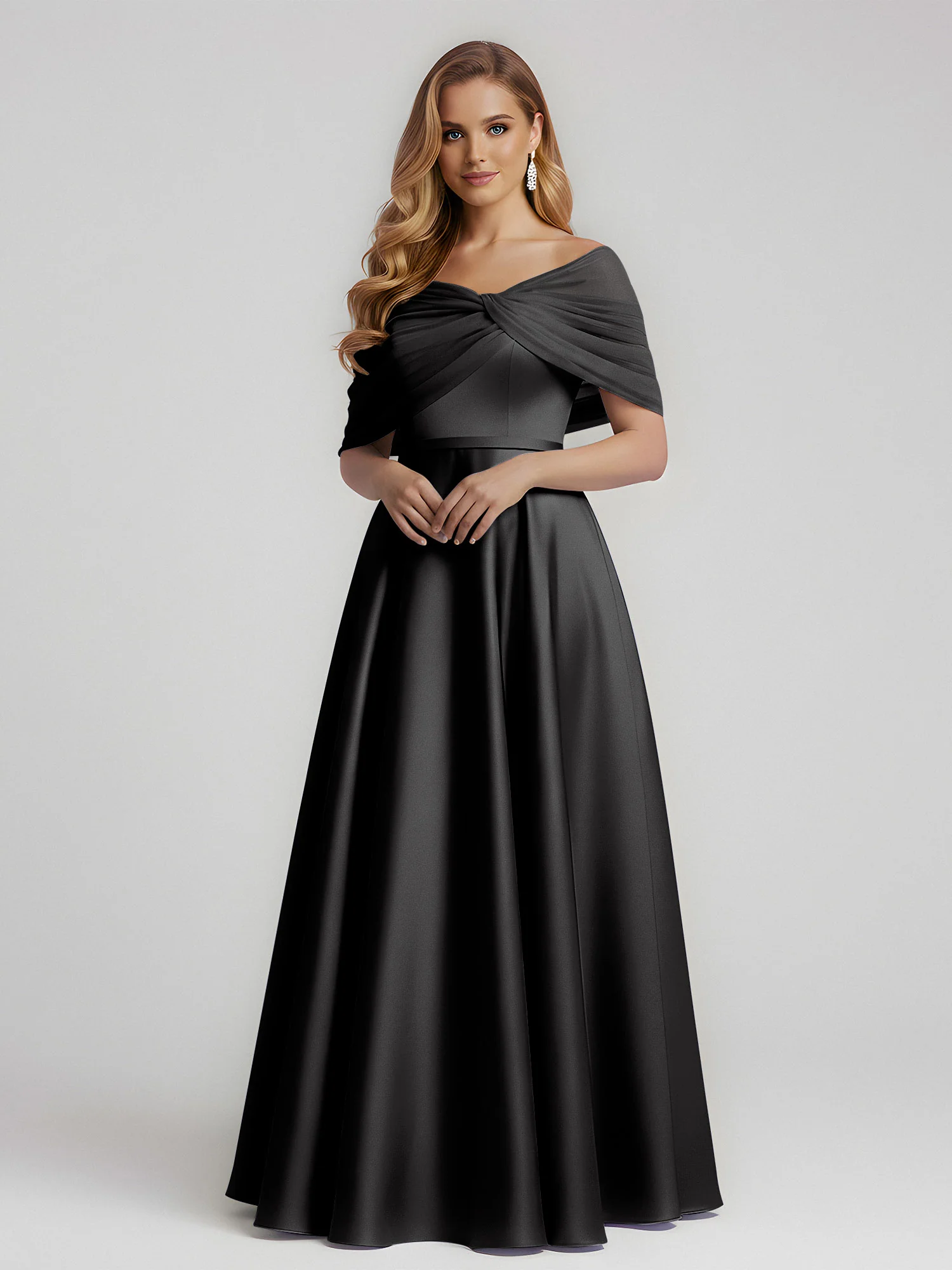 Satin A-Line Floor Length Dresses With Sheer Shawl Black