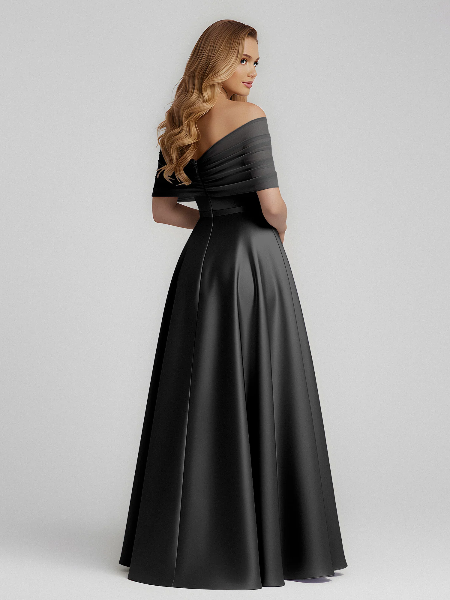 Satin A-Line Floor Length Dresses With Sheer Shawl Black - Image 2