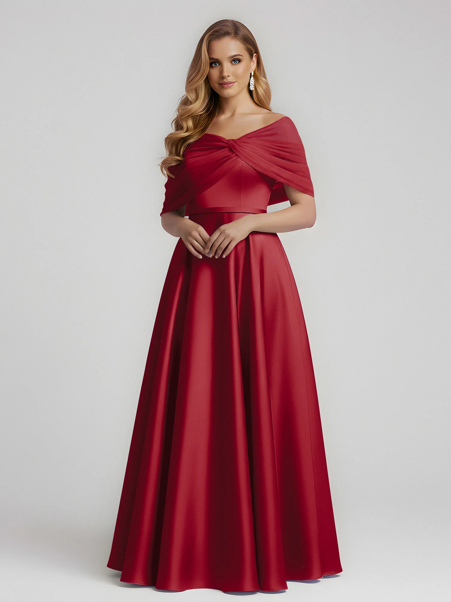 Satin A-Line Floor Length Dresses With Sheer Shawl Burgundy