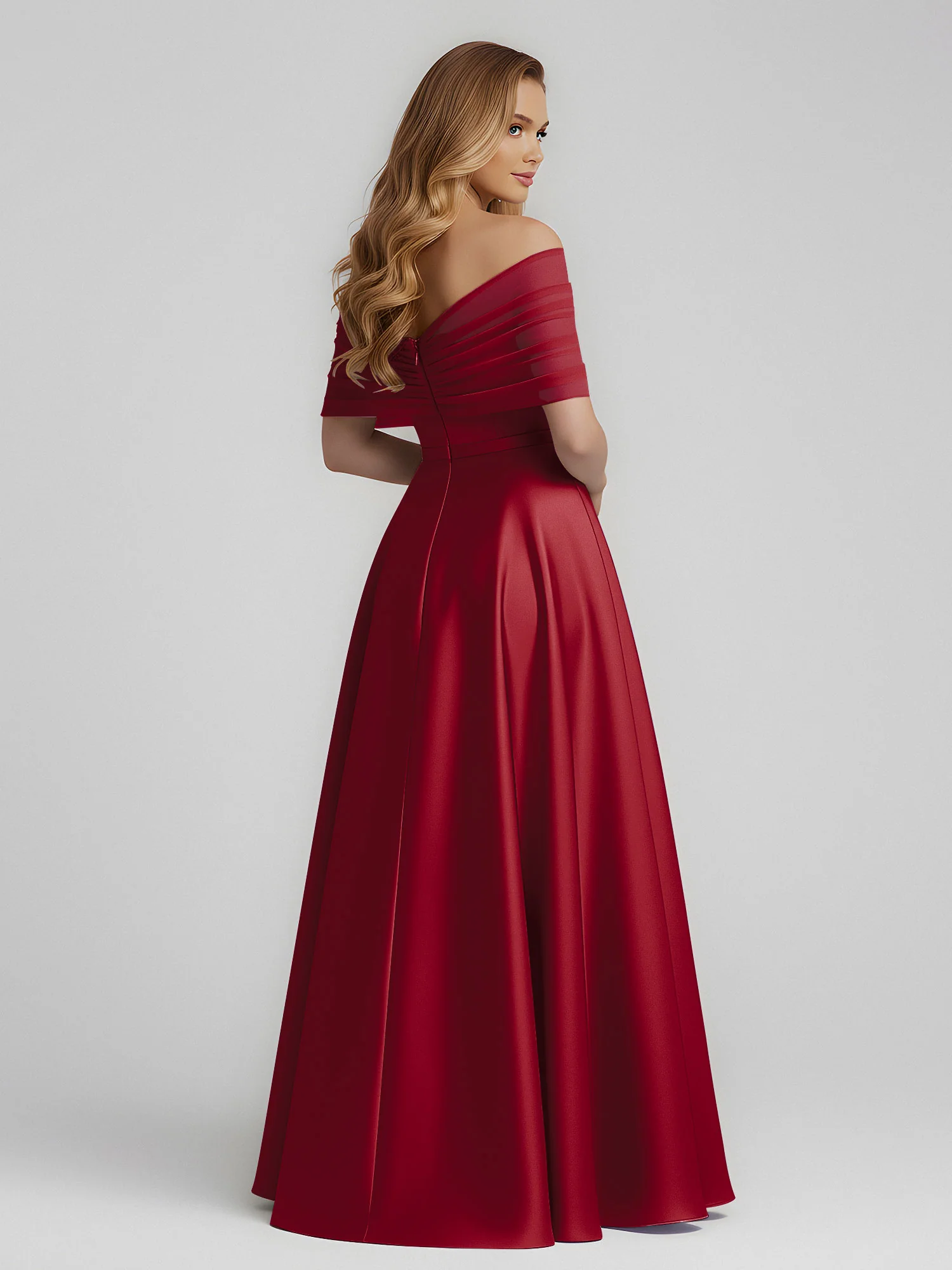 Satin A-Line Floor Length Dresses With Sheer Shawl Burgundy - Image 2