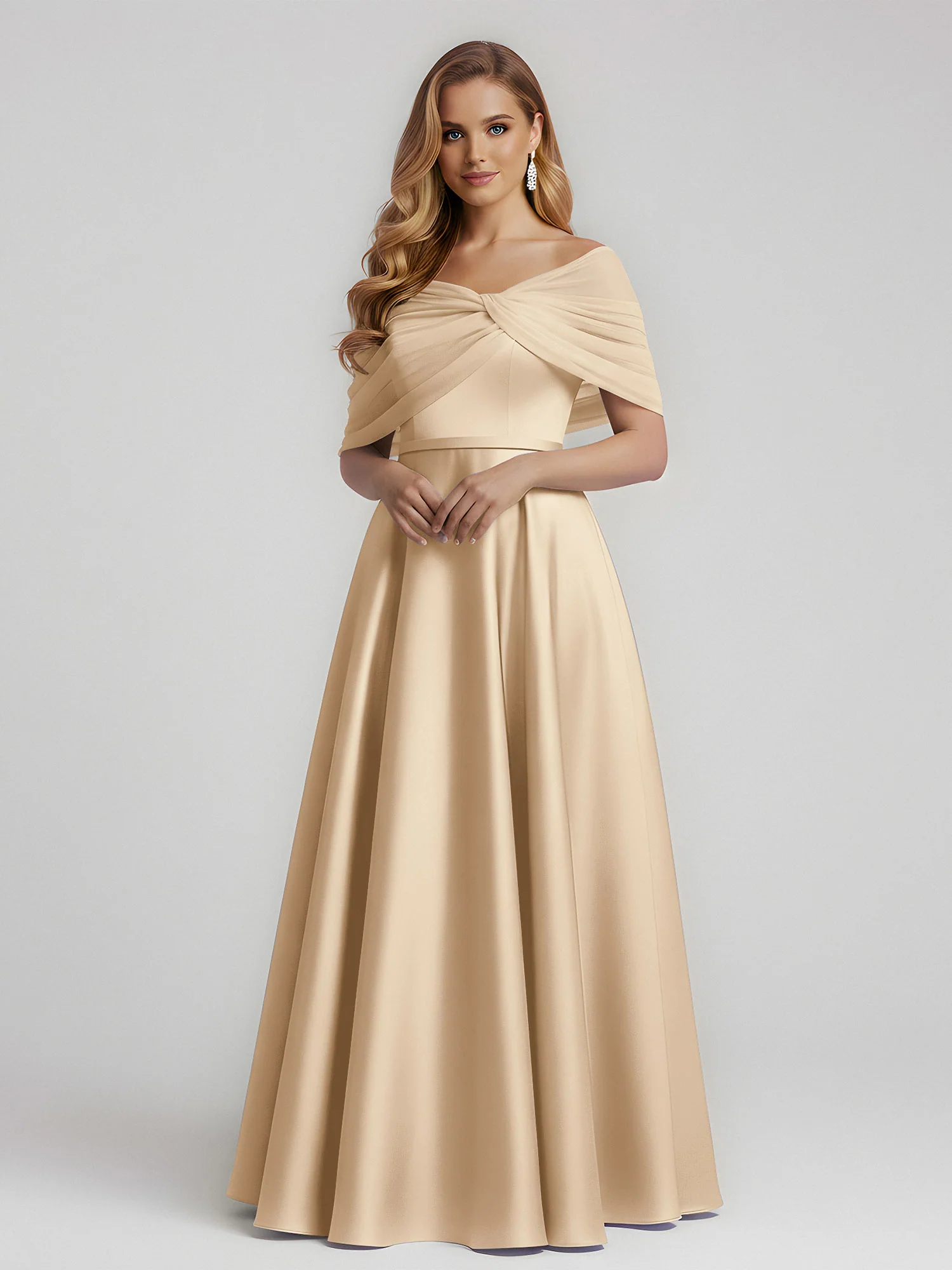 Satin A-Line Floor Length Dresses With Sheer Shawl Champagne