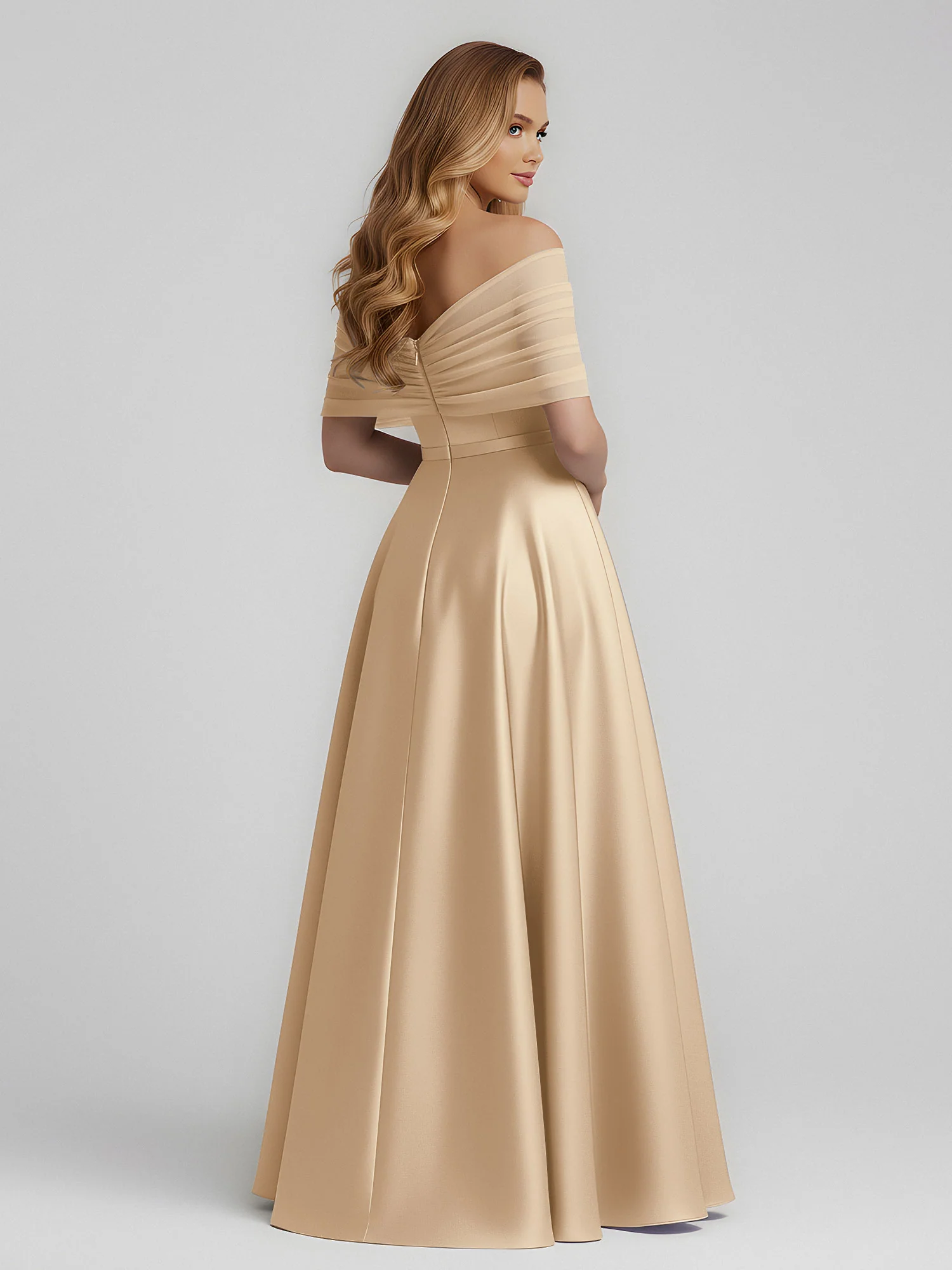 Satin A-Line Floor Length Dresses With Sheer Shawl Champagne - Image 2