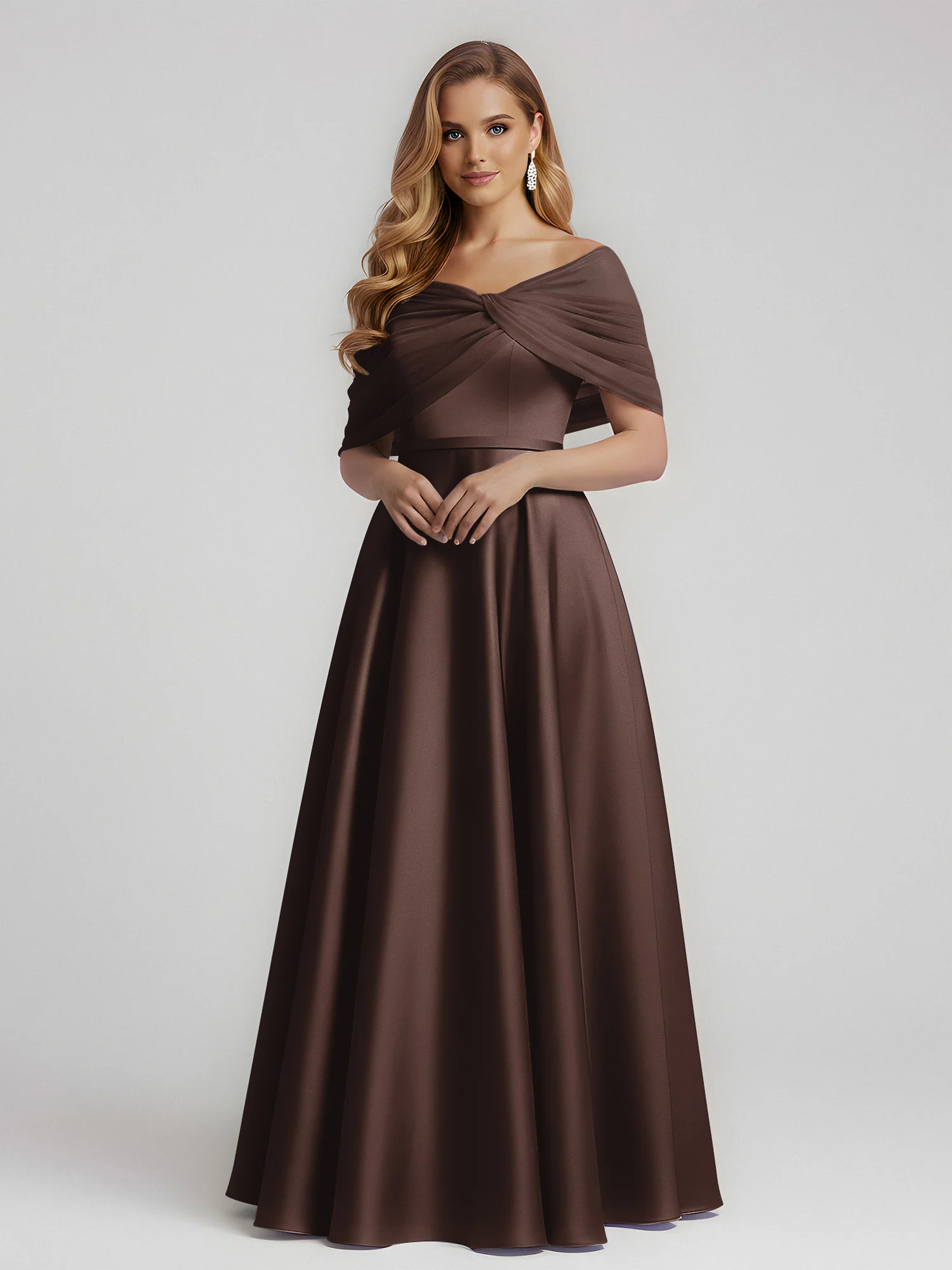 Satin A-Line Floor Length Dresses With Sheer Shawl Chocolate