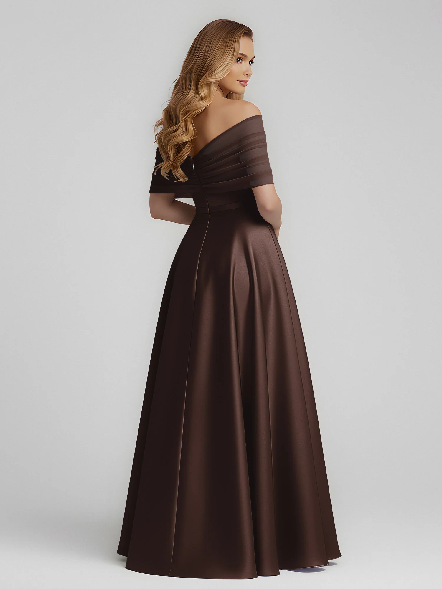 Satin A-Line Floor Length Dresses With Sheer Shawl Chocolate - Image 2