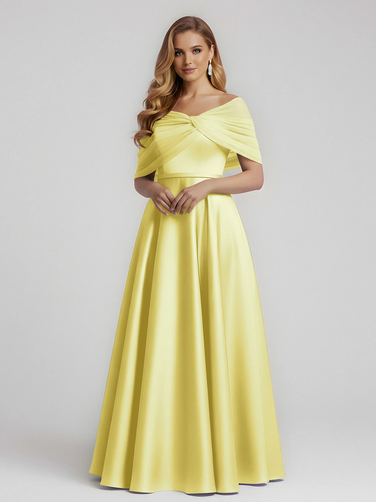 Satin A-Line Floor Length Dresses With Sheer Shawl Daffodil
