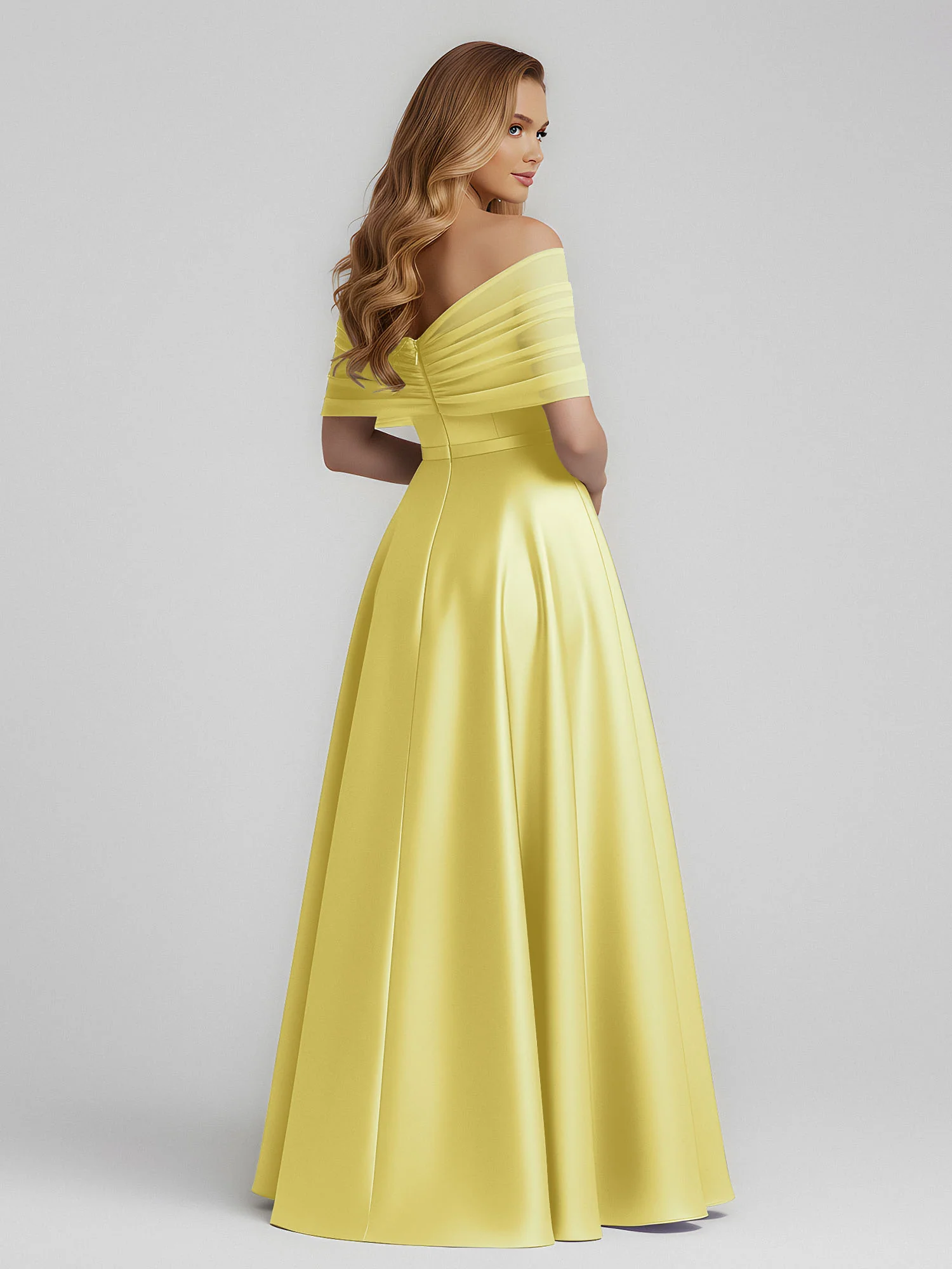 Satin A-Line Floor Length Dresses With Sheer Shawl Daffodil - Image 2