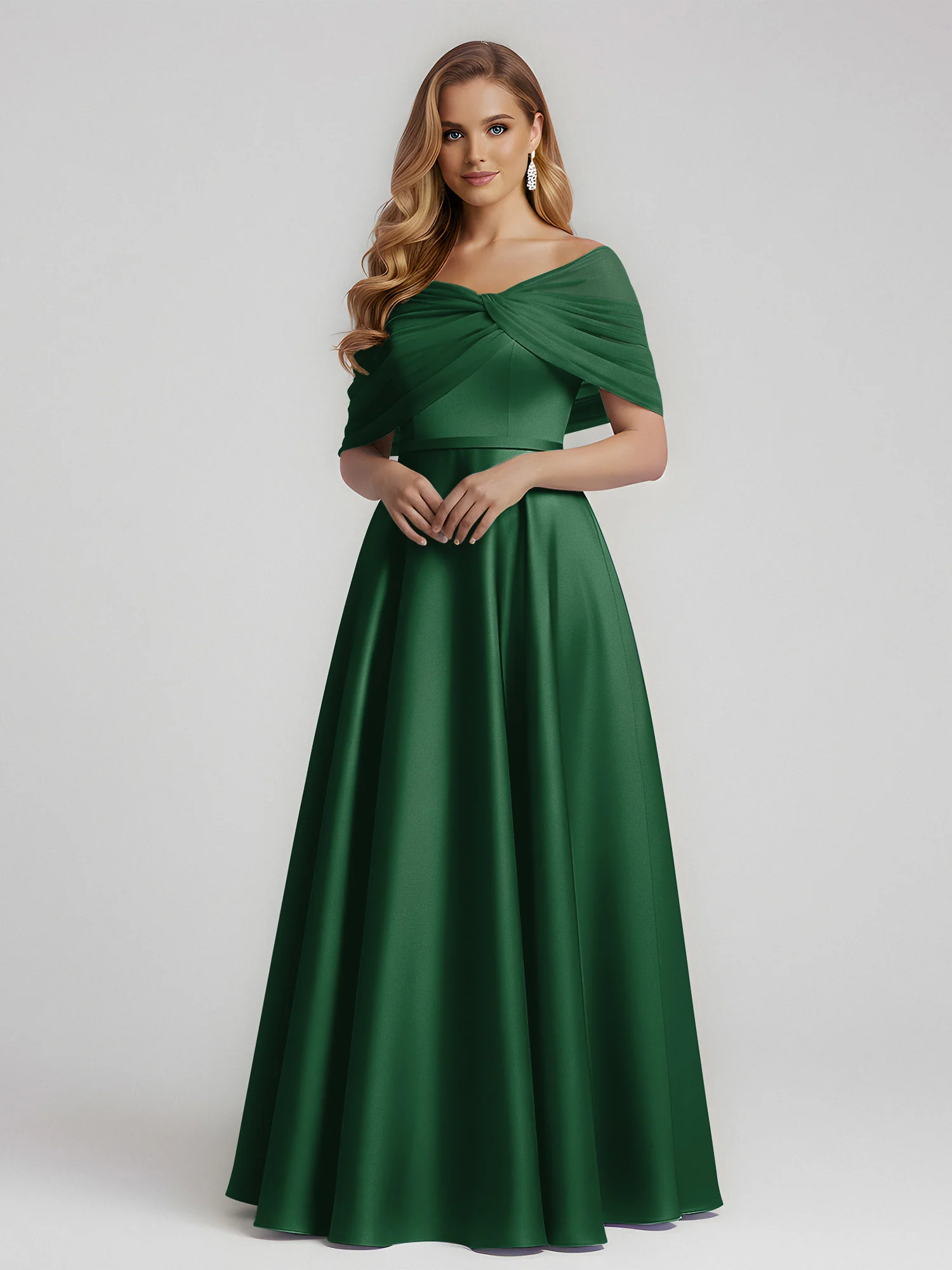 Satin A-Line Floor Length Dresses With Sheer Shawl Dark Green