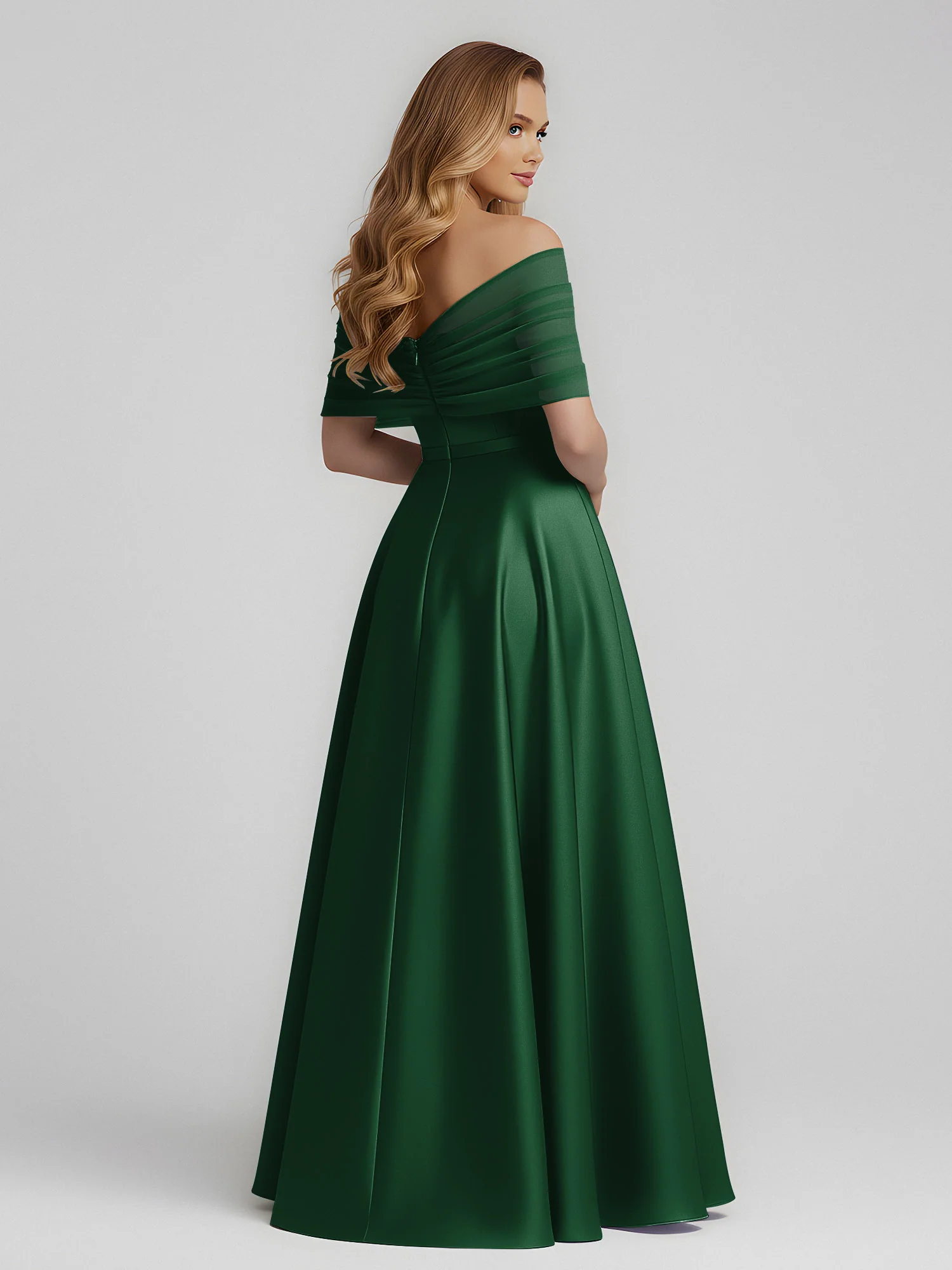 Satin A-Line Floor Length Dresses With Sheer Shawl Dark Green - Image 2