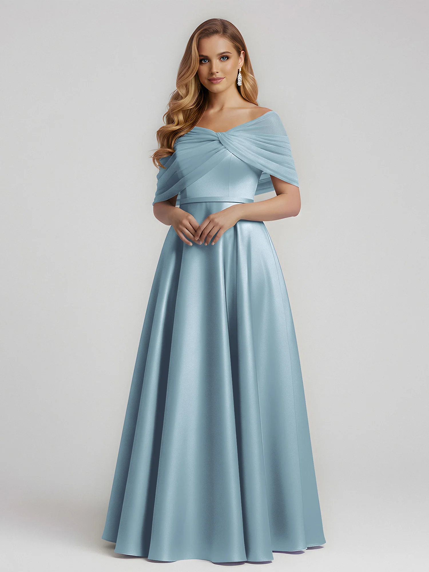 Satin A-Line Floor Length Dresses With Sheer Shawl Dusty Blue
