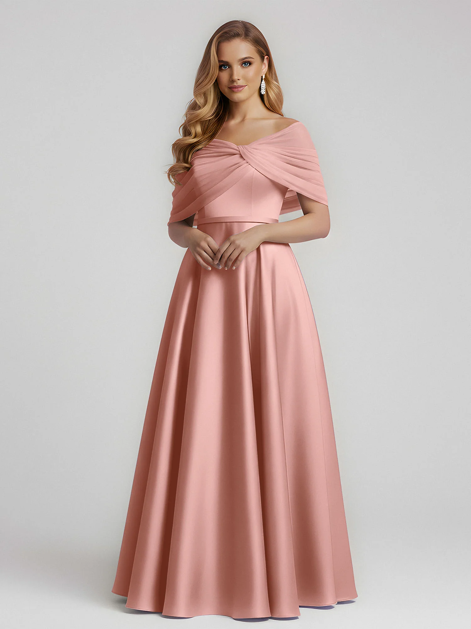 Satin A-Line Floor Length Dresses With Sheer Shawl Dusty Rose