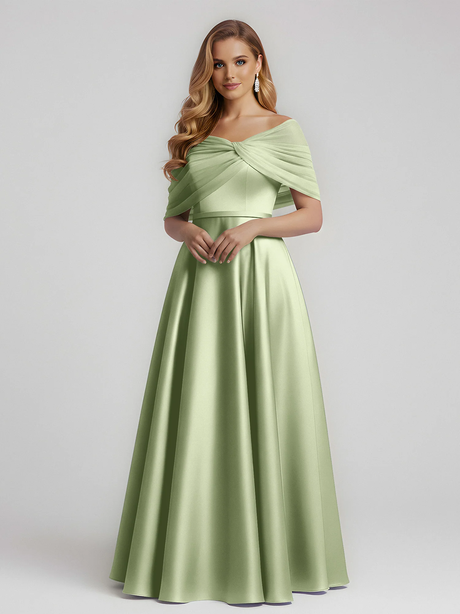 Satin A-Line Floor Length Dresses With Sheer Shawl Dusty Sage