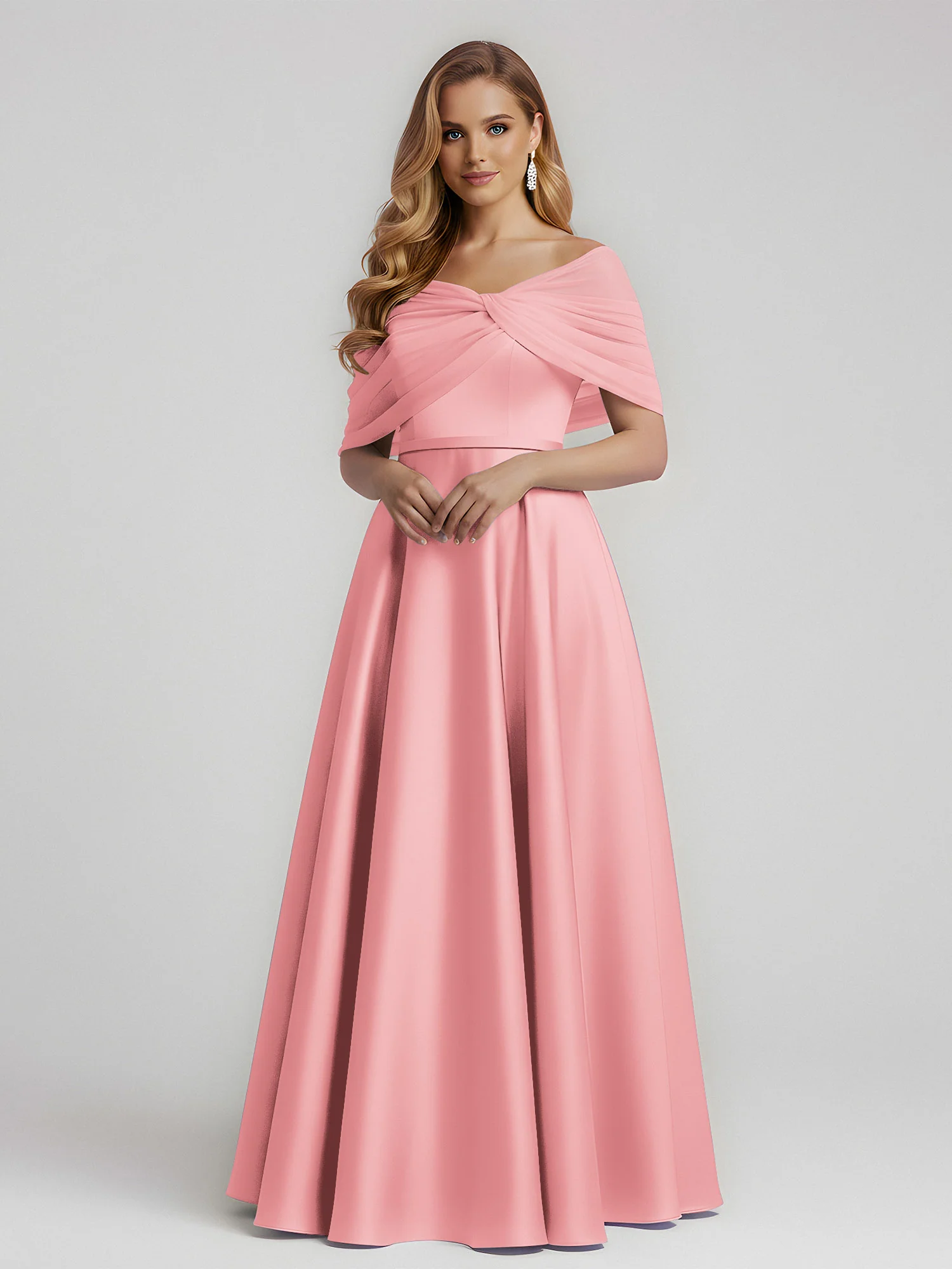 Satin A-Line Floor Length Dresses With Sheer Shawl Flamingo