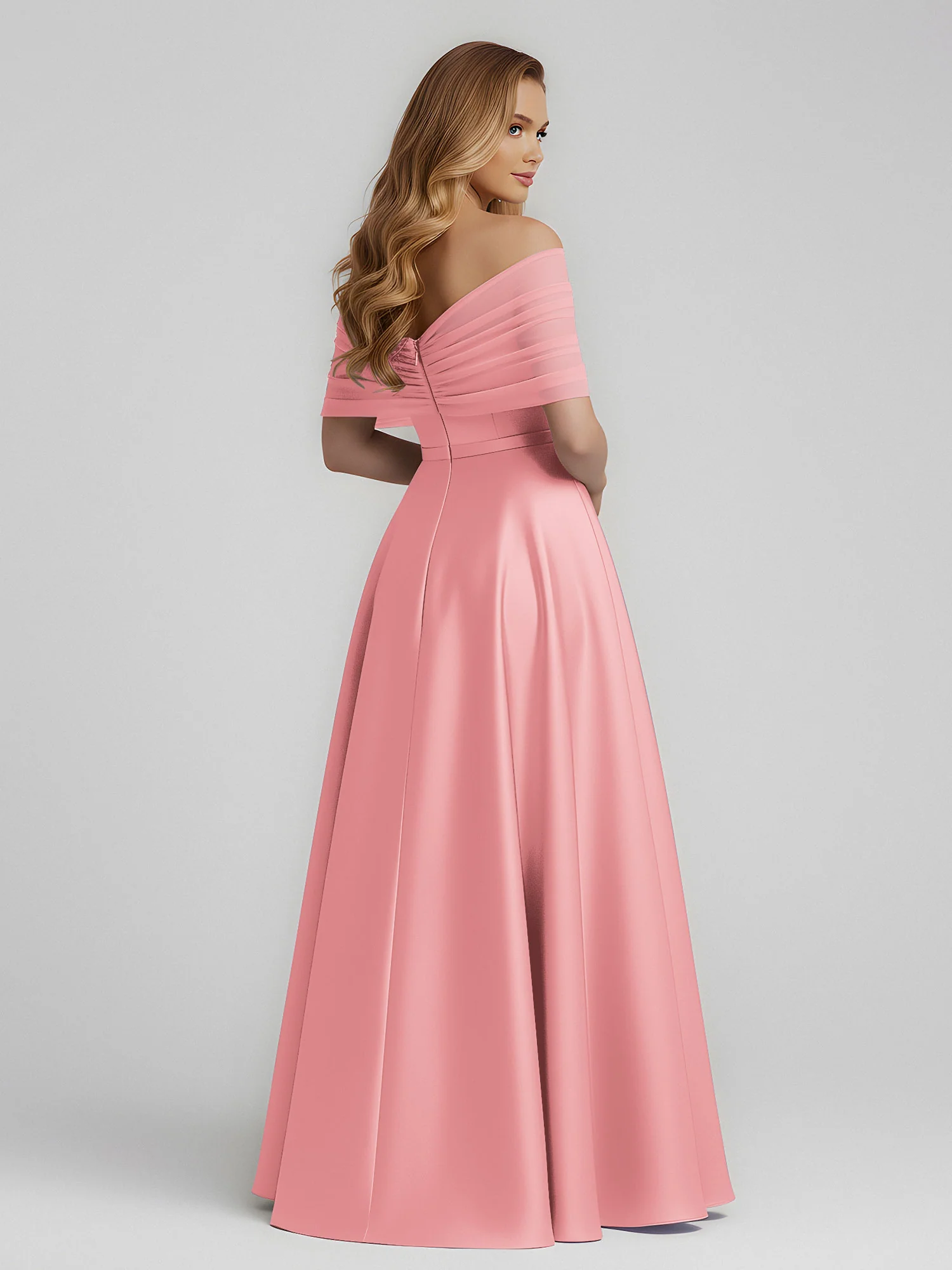 Satin A-Line Floor Length Dresses With Sheer Shawl Flamingo - Image 2