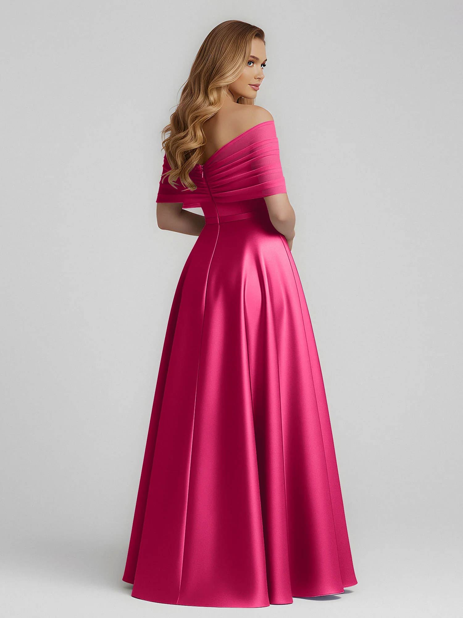 Satin A-Line Floor Length Dresses With Sheer Shawl Fuchsia - Image 2