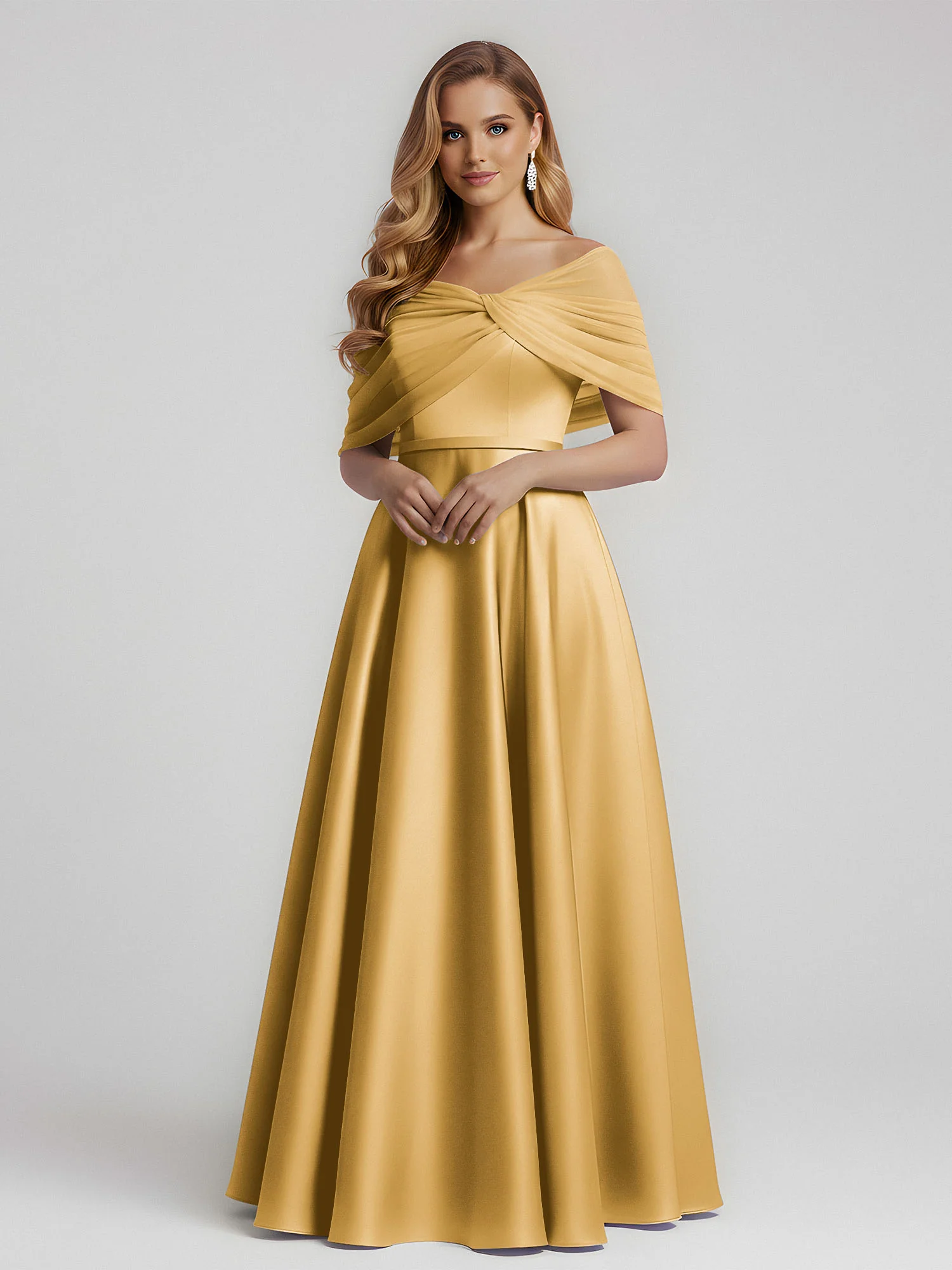 Satin A-Line Floor Length Dresses With Sheer Shawl Gold