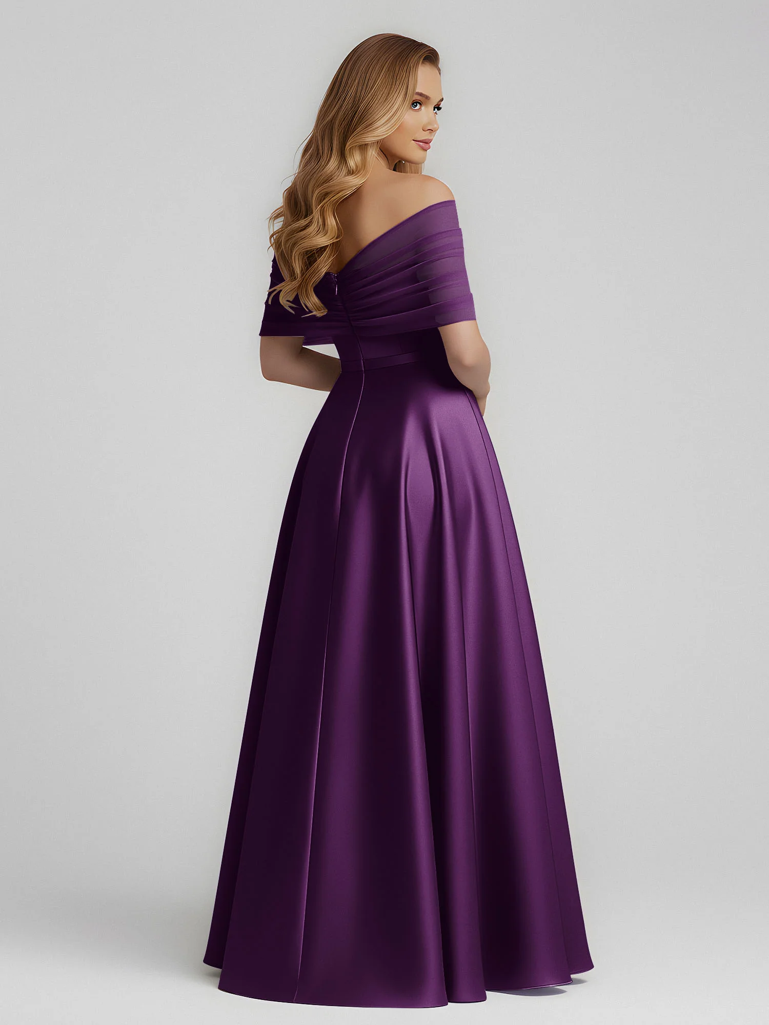 Satin A-Line Floor Length Dresses With Sheer Shawl Grape - Image 2