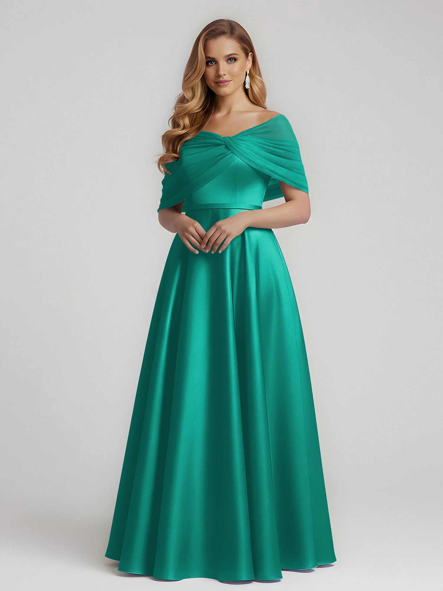 Satin A-Line Floor Length Dresses With Sheer Shawl Jade