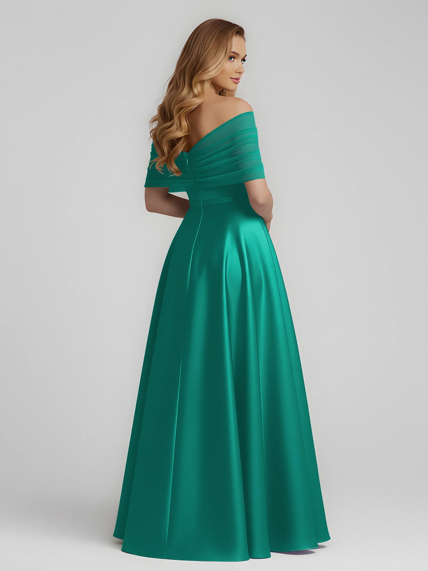 Satin A-Line Floor Length Dresses With Sheer Shawl Jade - Image 2