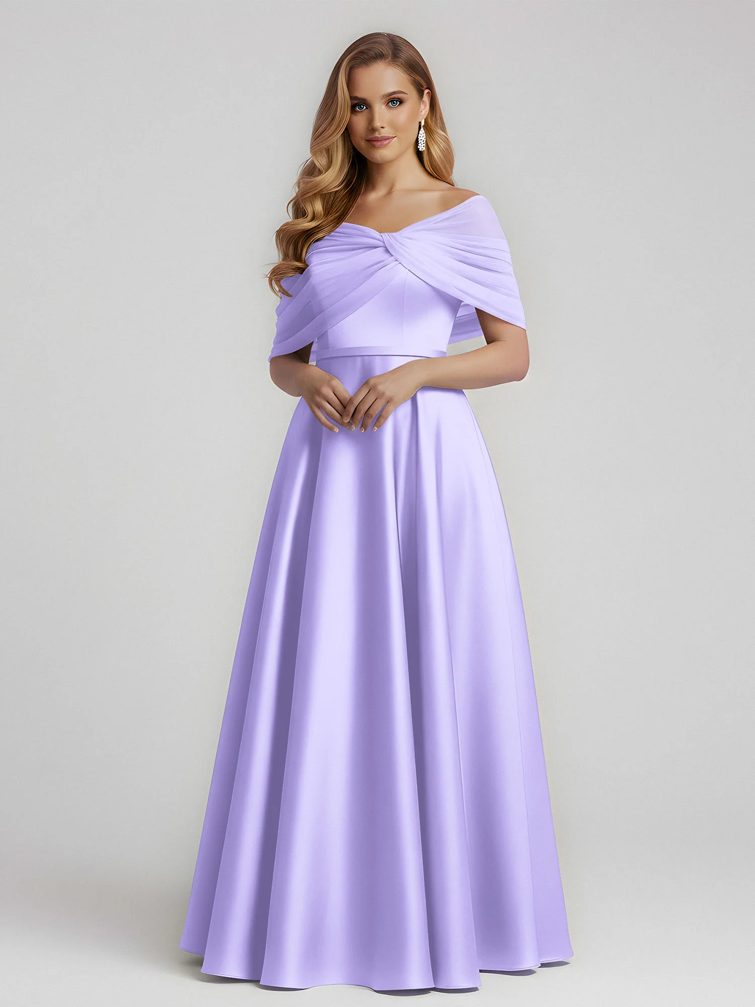 Satin A-Line Floor Length Dresses With Sheer Shawl Lilac