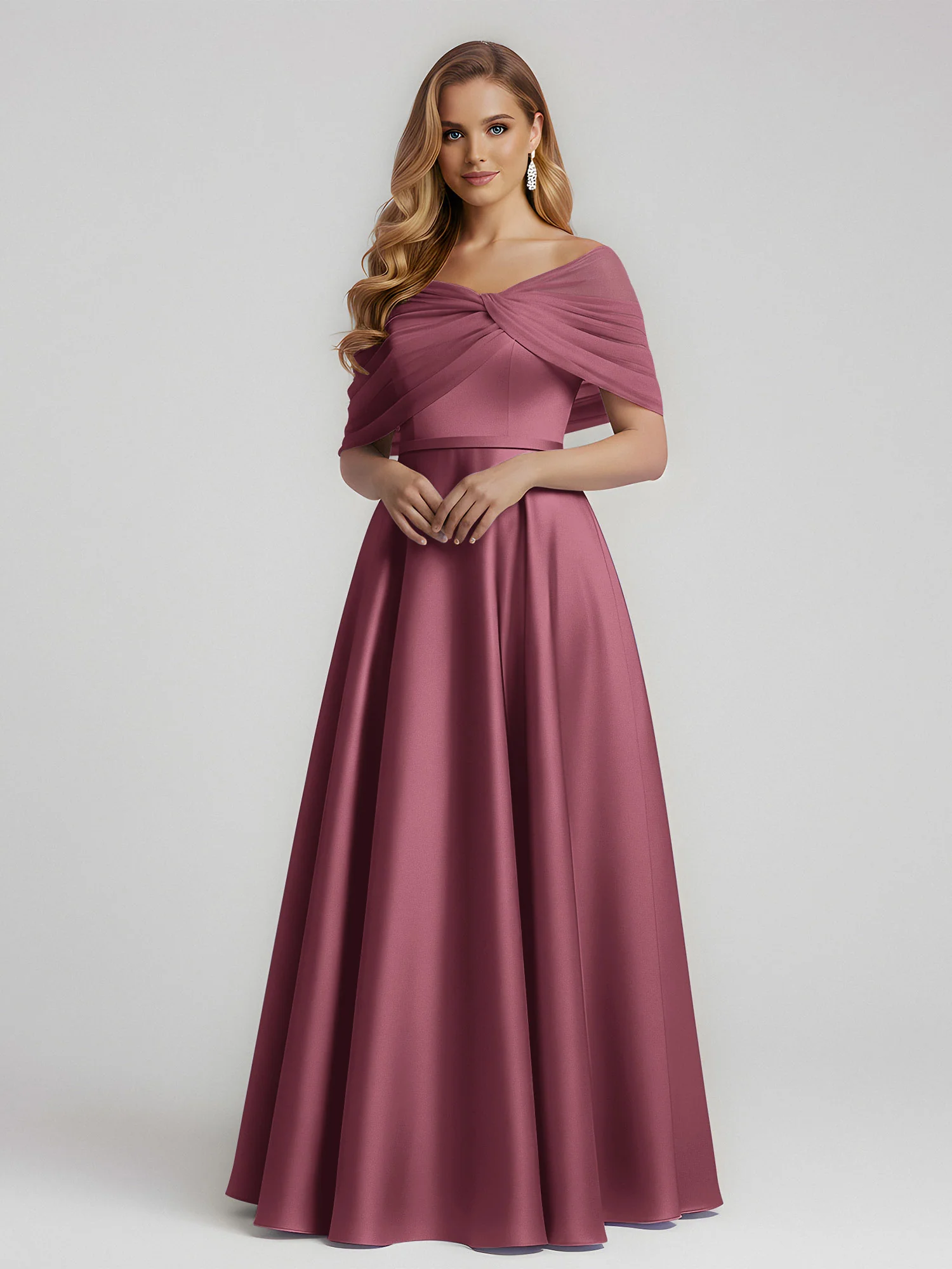 Satin A-Line Floor Length Dresses With Sheer Shawl Mulberry