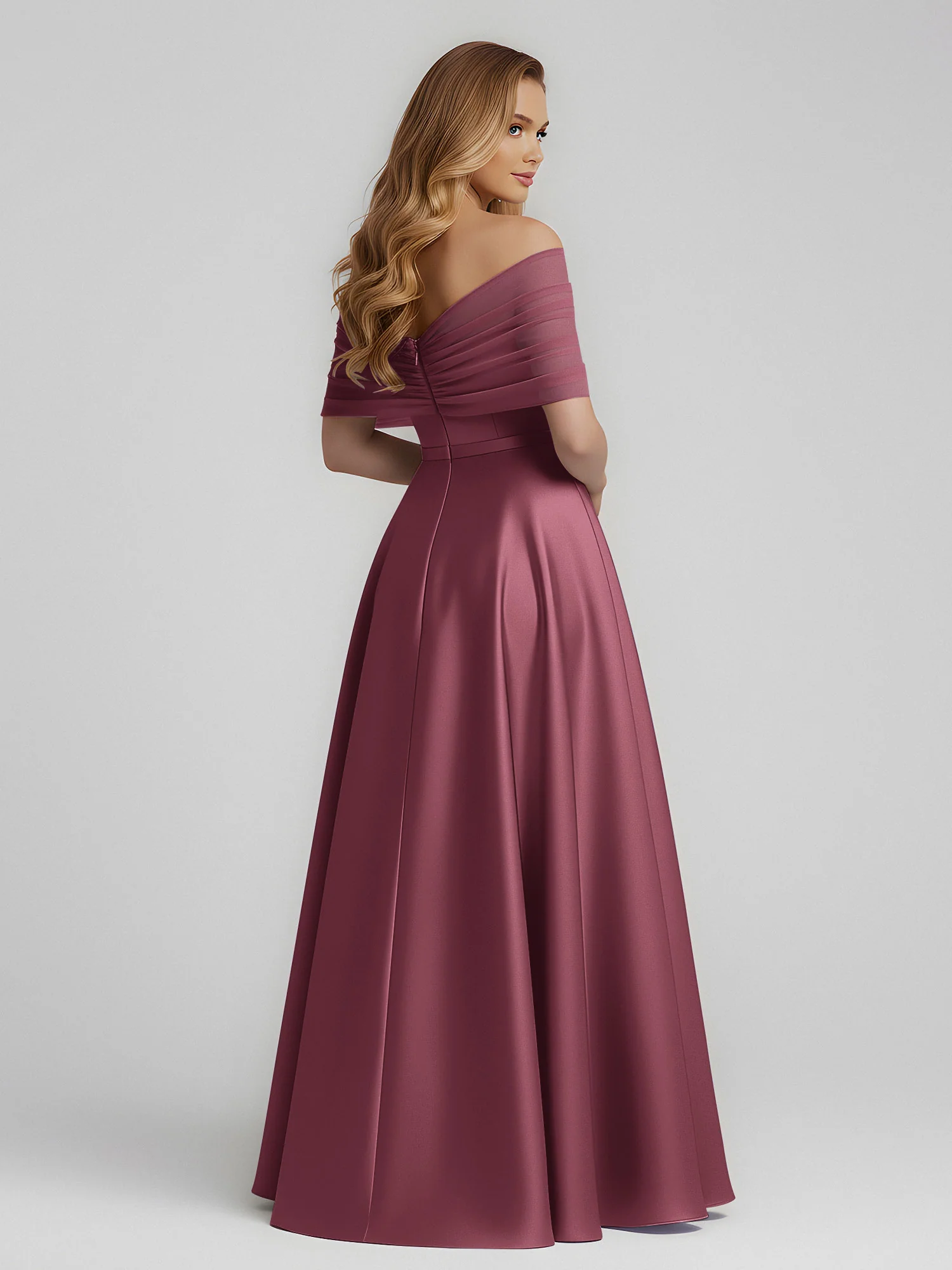 Satin A-Line Floor Length Dresses With Sheer Shawl Mulberry - Image 2