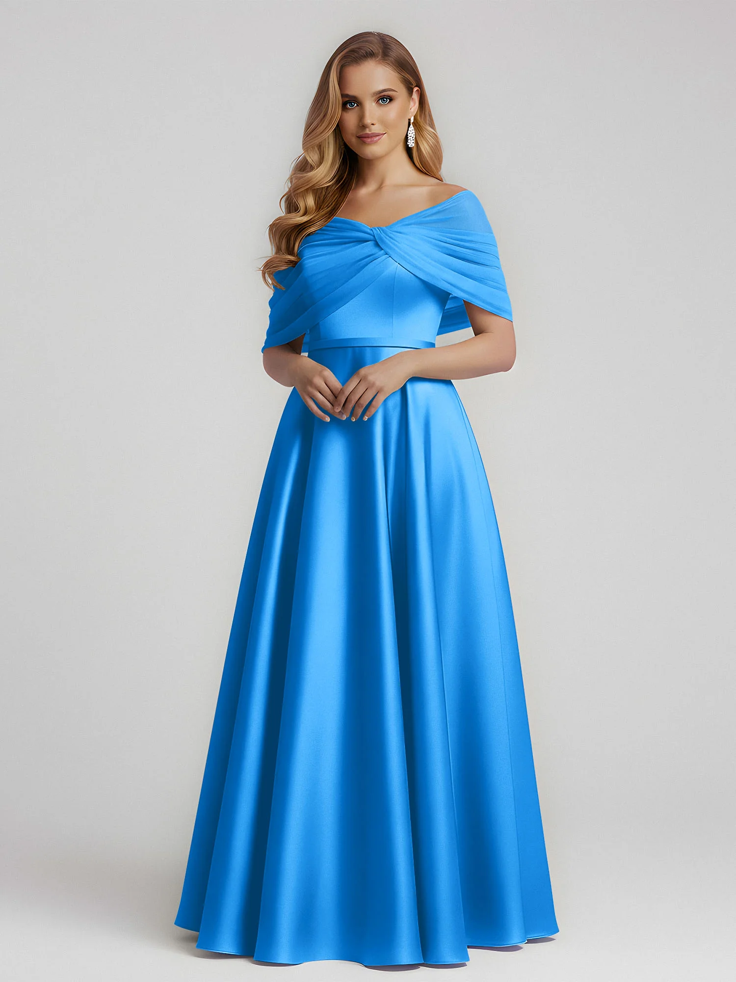 Satin A-Line Floor Length Dresses With Sheer Shawl Ocean Blue