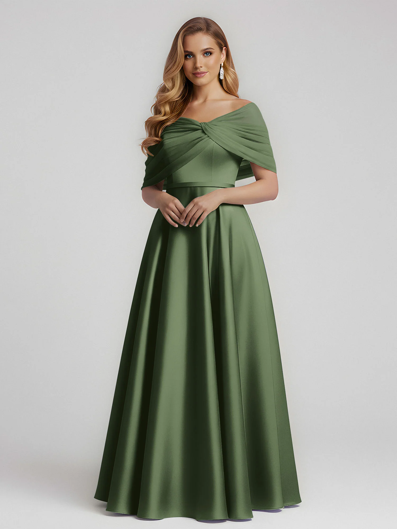 Satin A-Line Floor Length Dresses With Sheer Shawl Olive Green