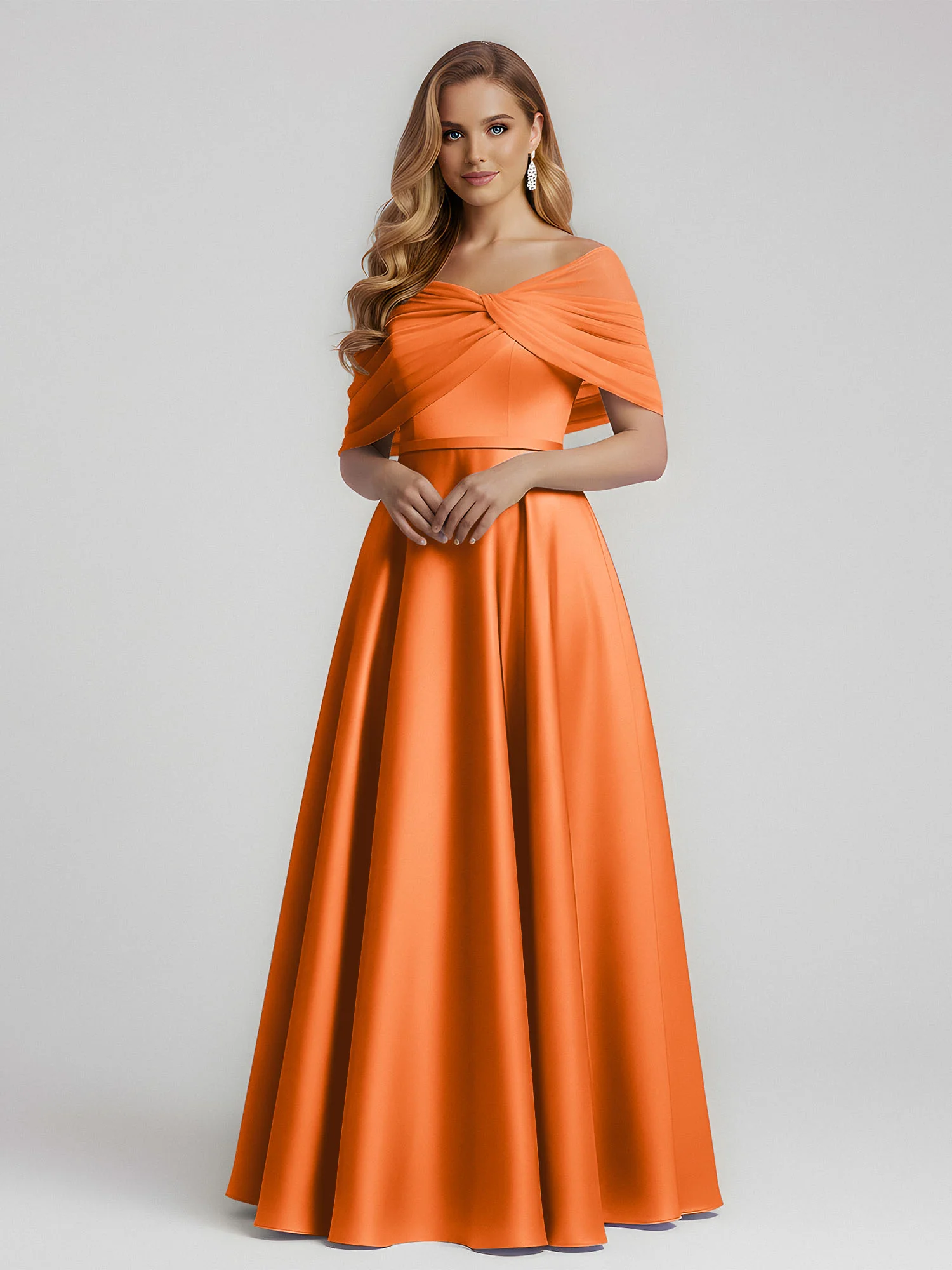 Satin A-Line Floor Length Dresses With Sheer Shawl Orange