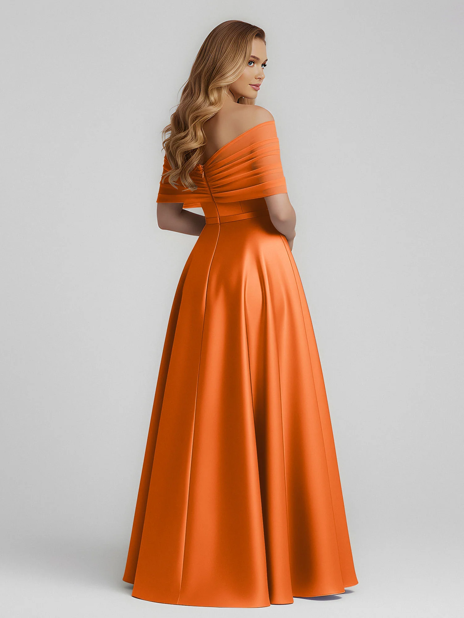 Satin A-Line Floor Length Dresses With Sheer Shawl Orange - Image 2