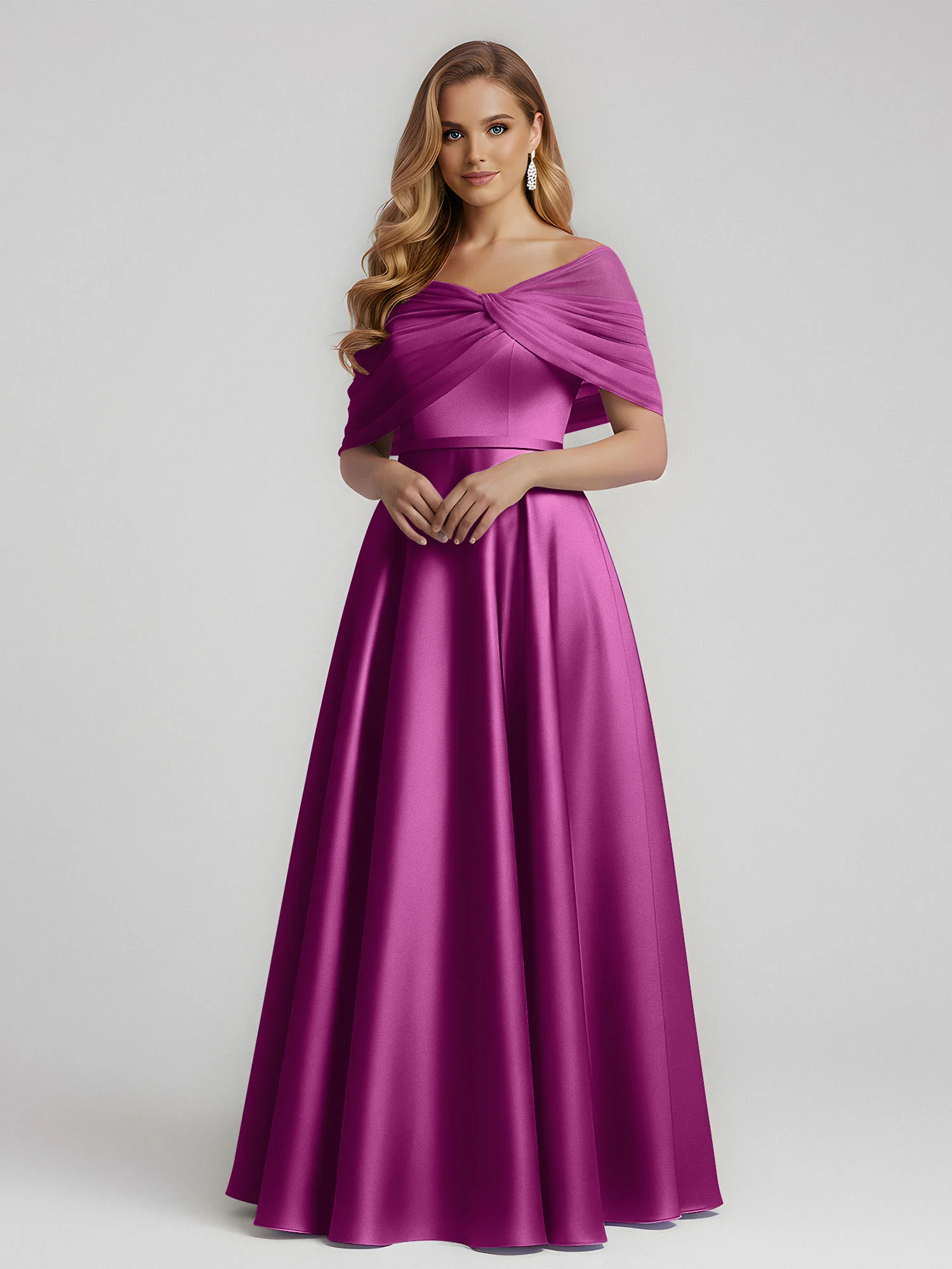 Satin A-Line Floor Length Dresses With Sheer Shawl Orchid