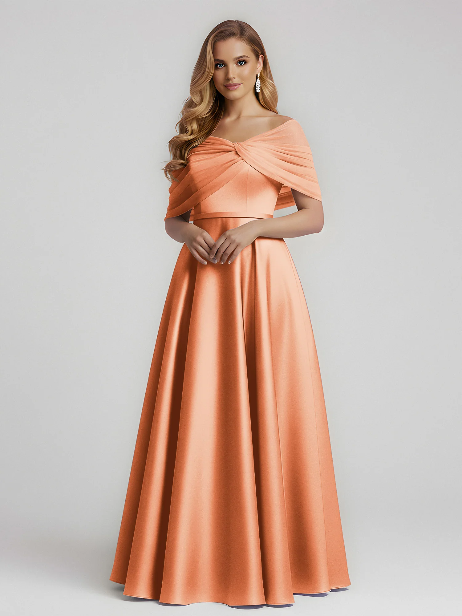 Satin A-Line Floor Length Dresses With Sheer Shawl Papaya