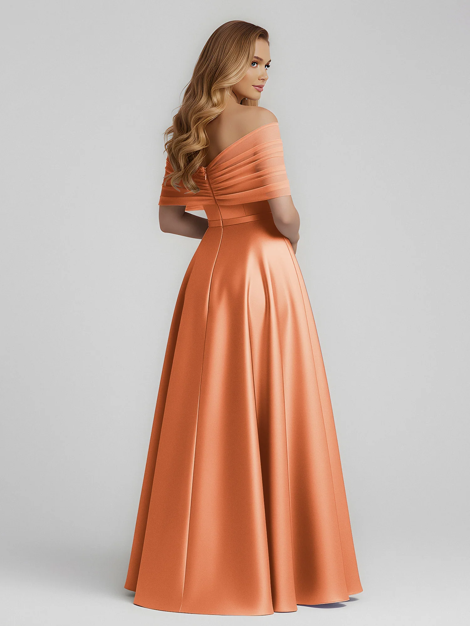 Satin A-Line Floor Length Dresses With Sheer Shawl Papaya - Image 2